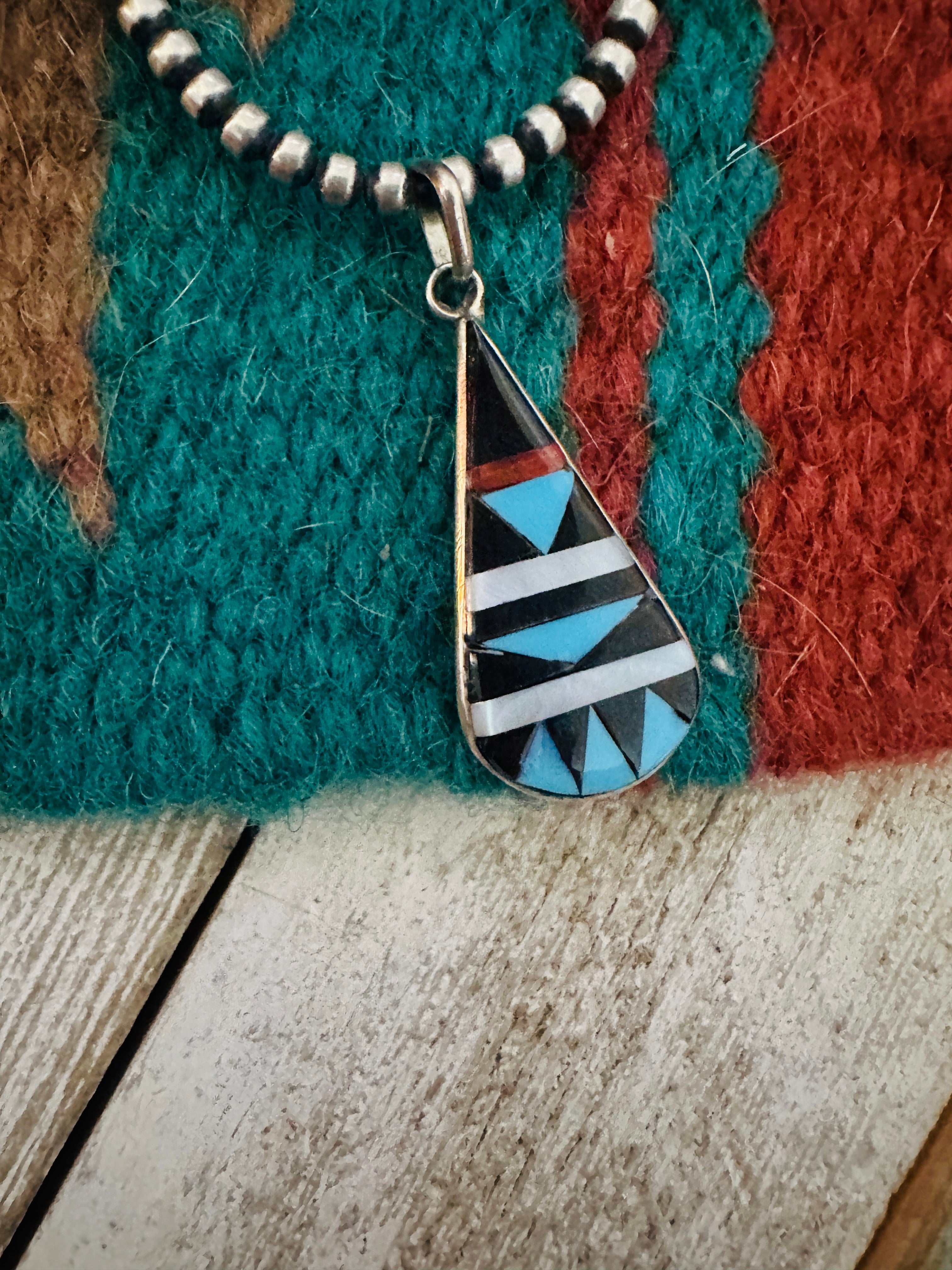 Zuni Multi Stone & Sterling Silver Inlay Teardrop Pendant