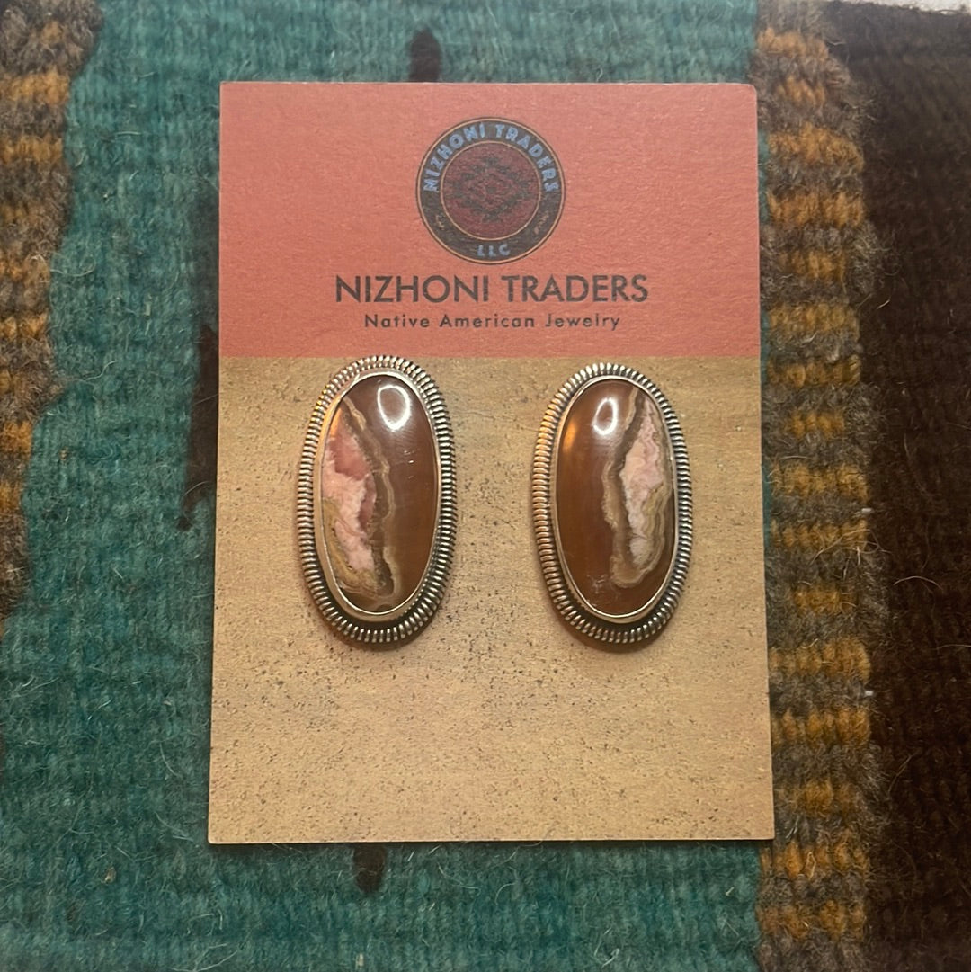 Navajo Sterling Silver & Rhodochrosite Stone Post Earrings