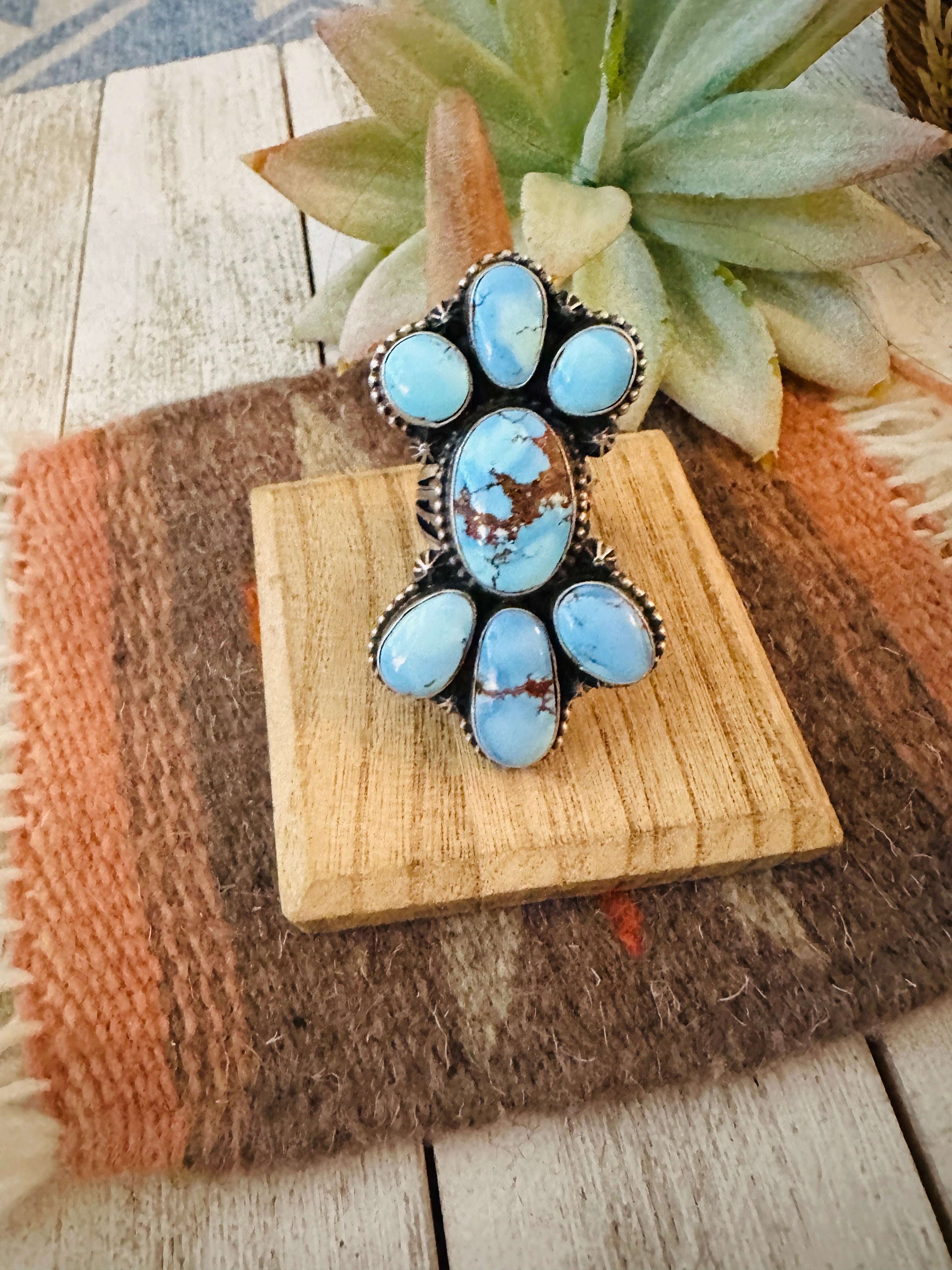 Navajo Golden Hills Turquoise & Sterling Silver Cluster Ring Size 8.5