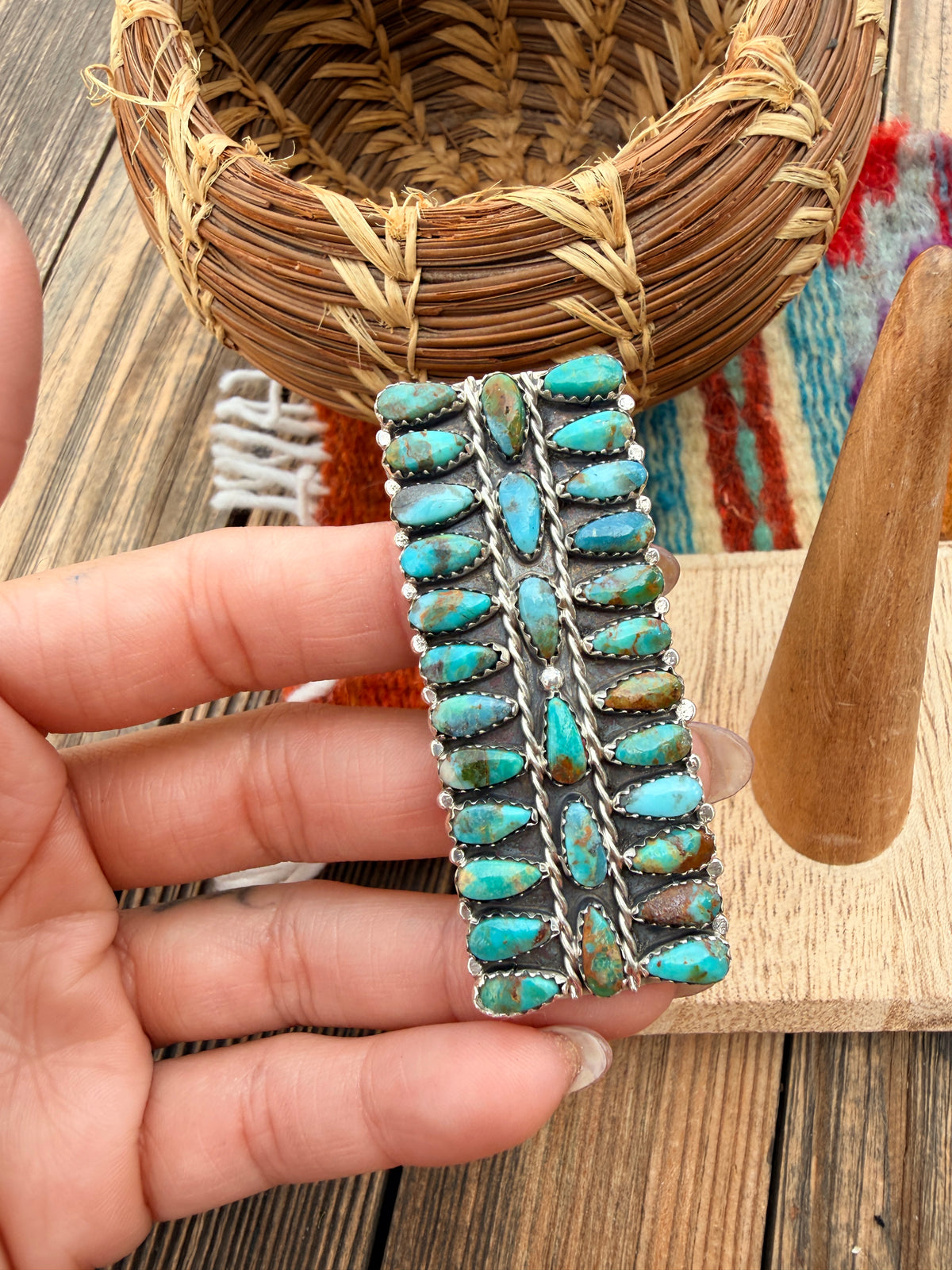 Handcrafted Turquoise & Sterling Silver Cluster Ring Size 9