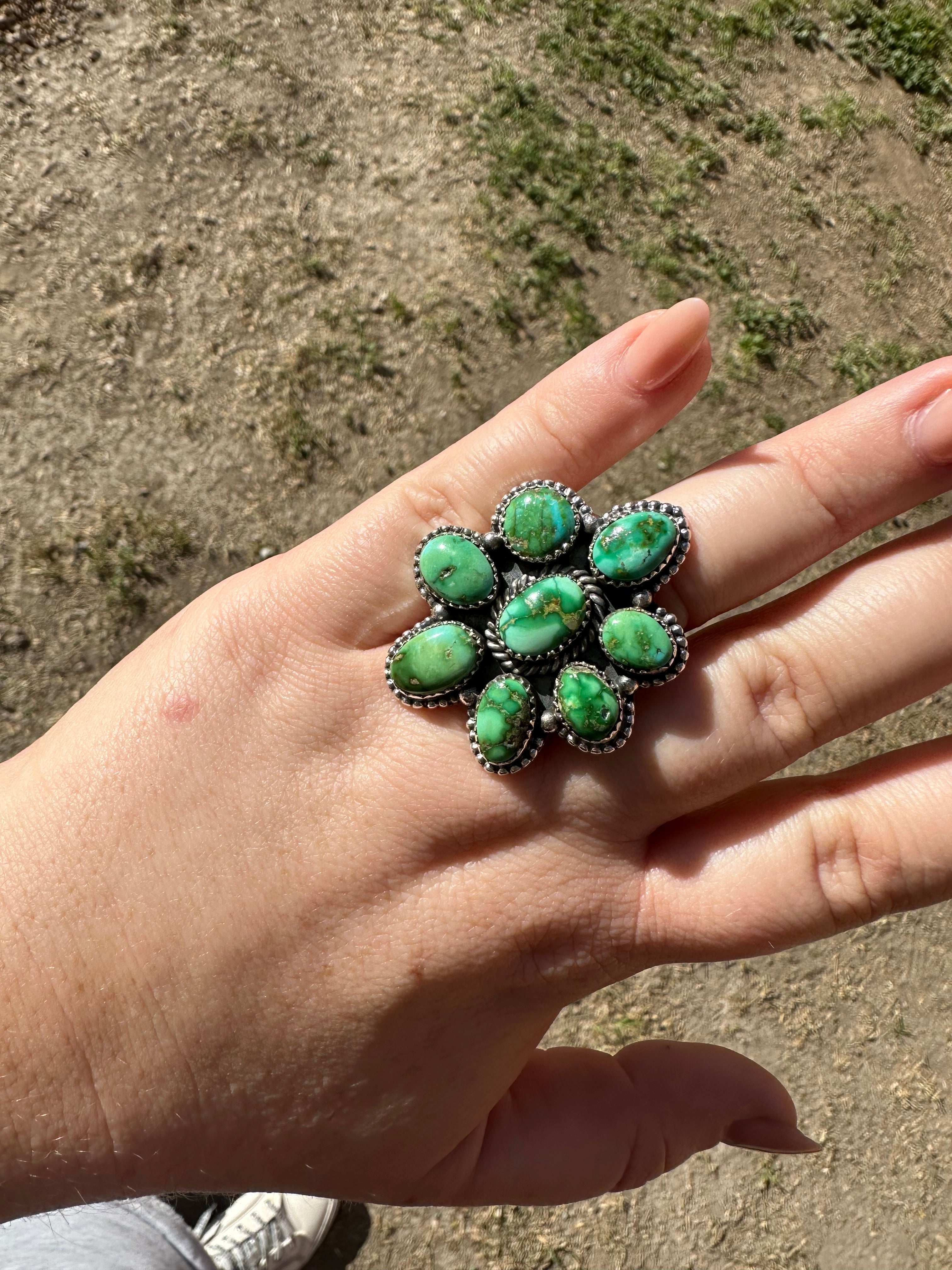 Beautiful Handmade Sonoran Gold Turquoise And Sterling Silver Adjustable Ring MORE GREENS