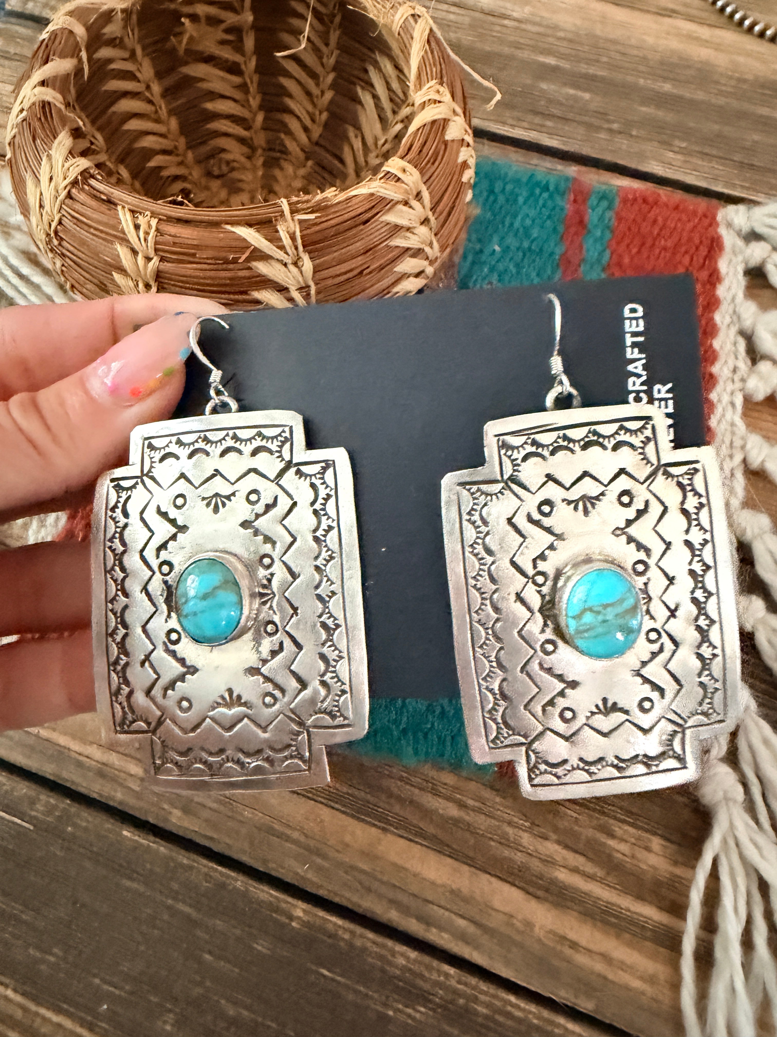 Handcrafted Sterling Silver & Turquoise Concho Cross Dangle Earrings