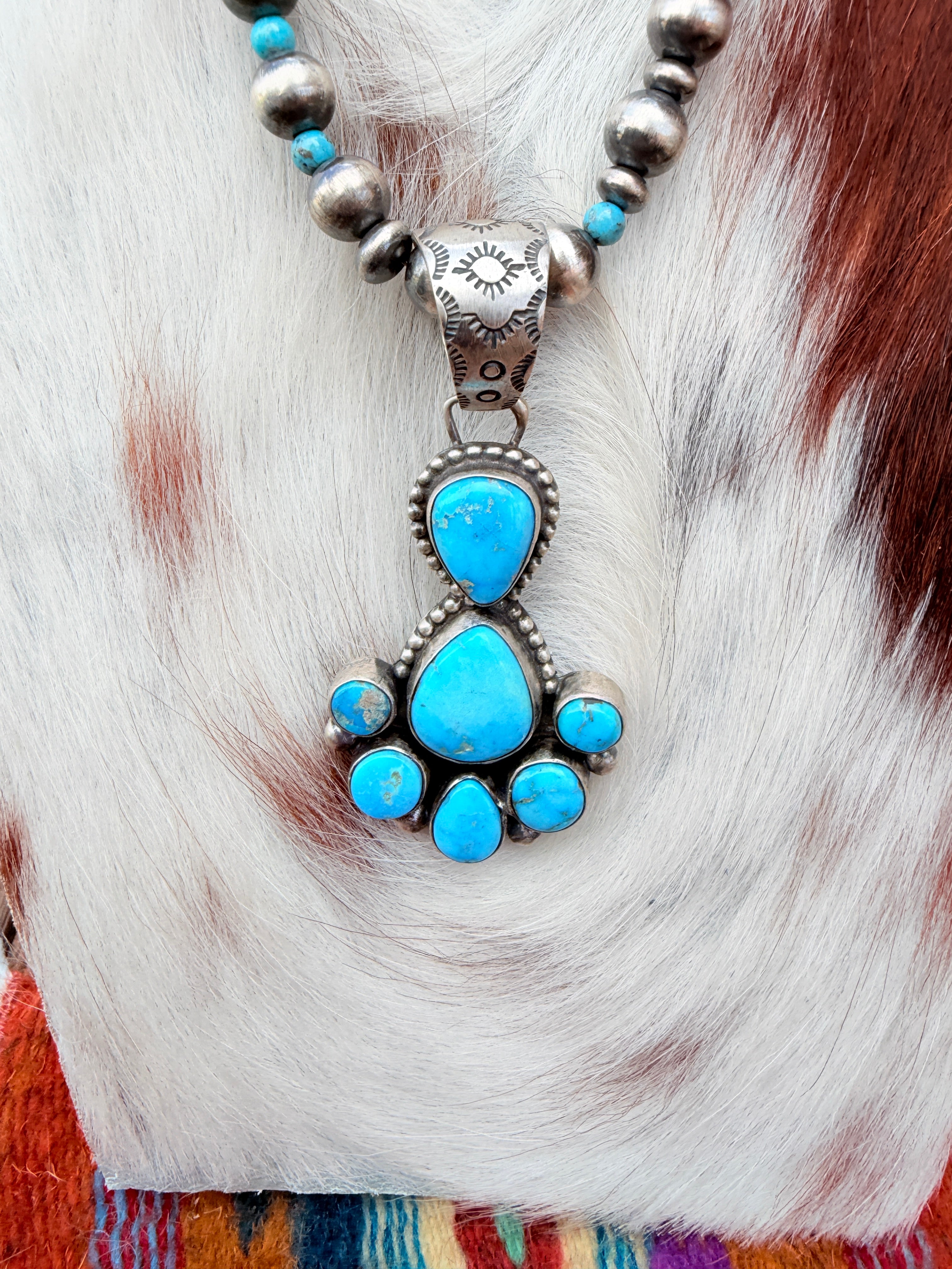Handcrafted Turquoise & Sterling Silver Cluster Beaded Necklace by Bobby Johnson