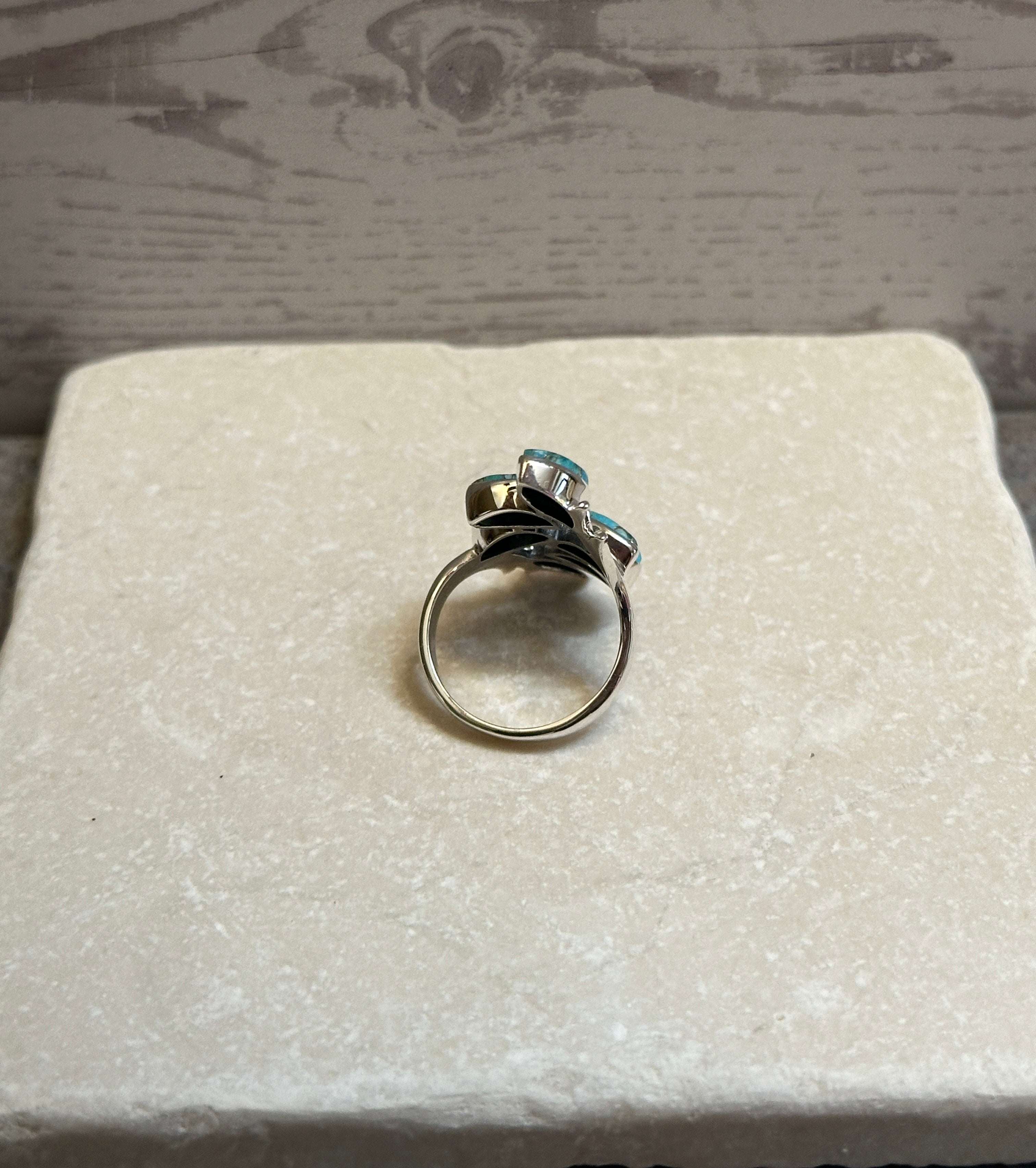 Sterling Silver Six Leaf Copper Turquoise Ring Size 6.5