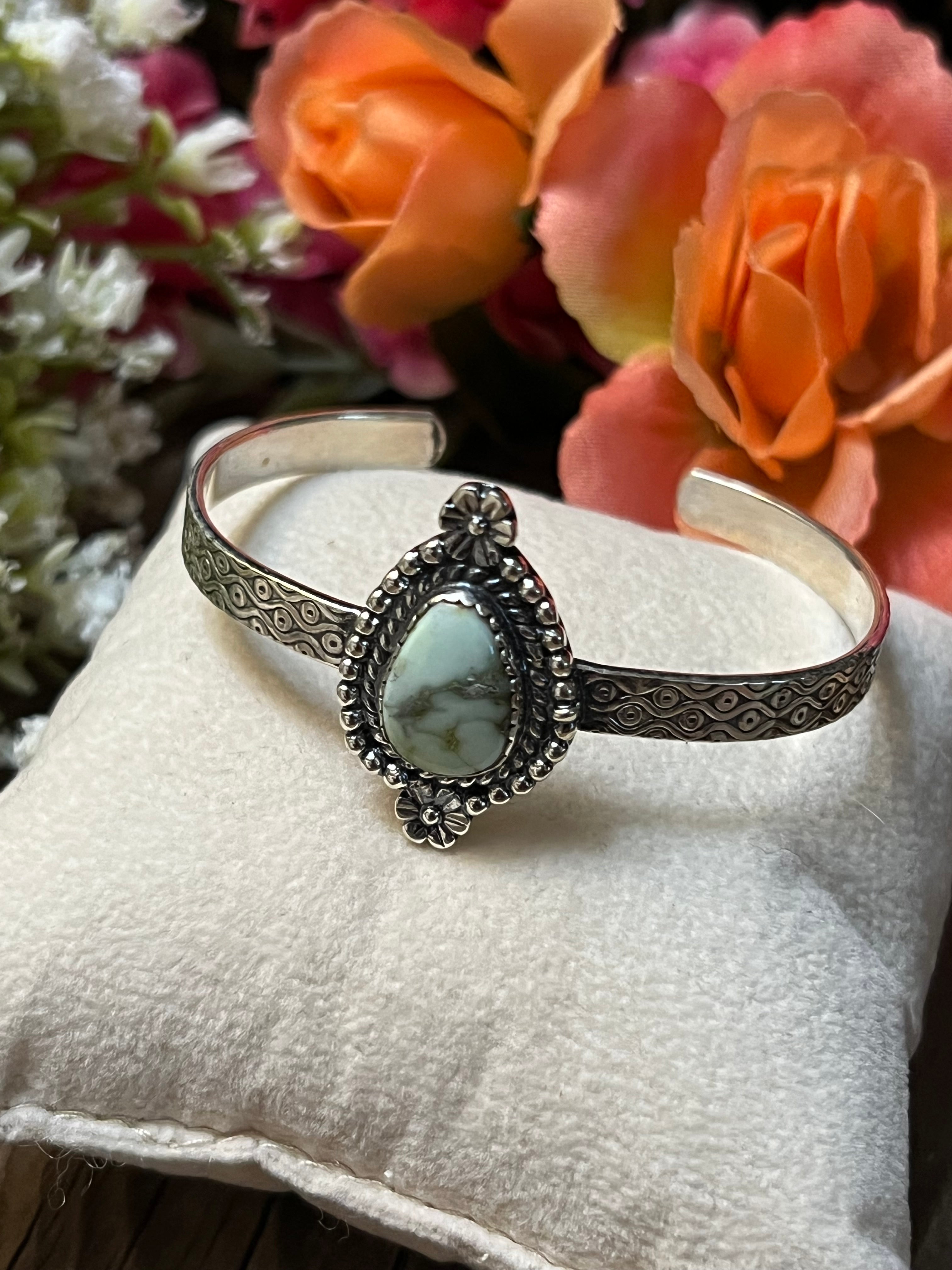 Handmade Etched Sterling Silver Palomino Turquoise Tear Drop Handcuff Bracelet