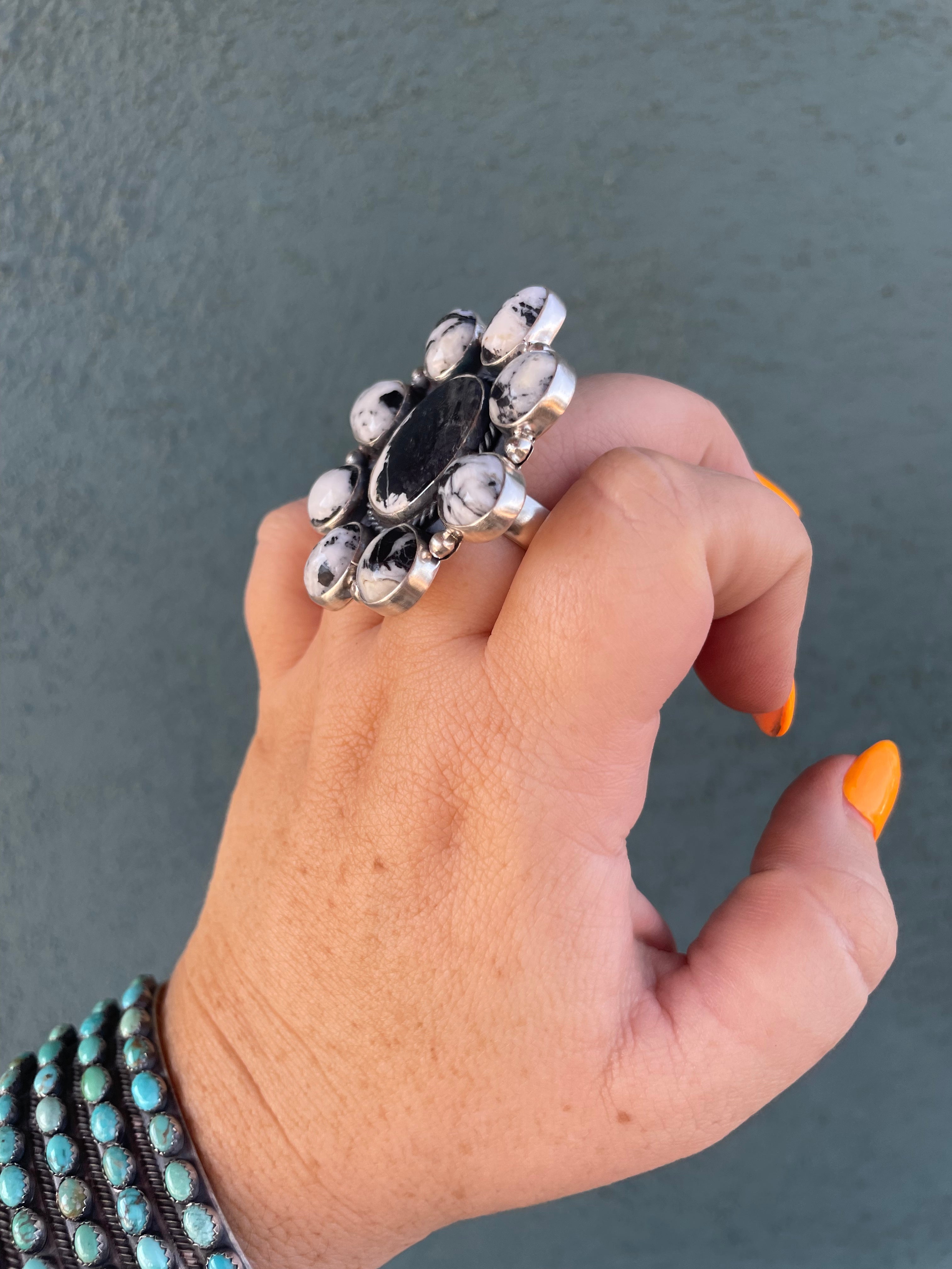 Navajo Sterling Silver & White Buffalo Adjustable Ring Signed