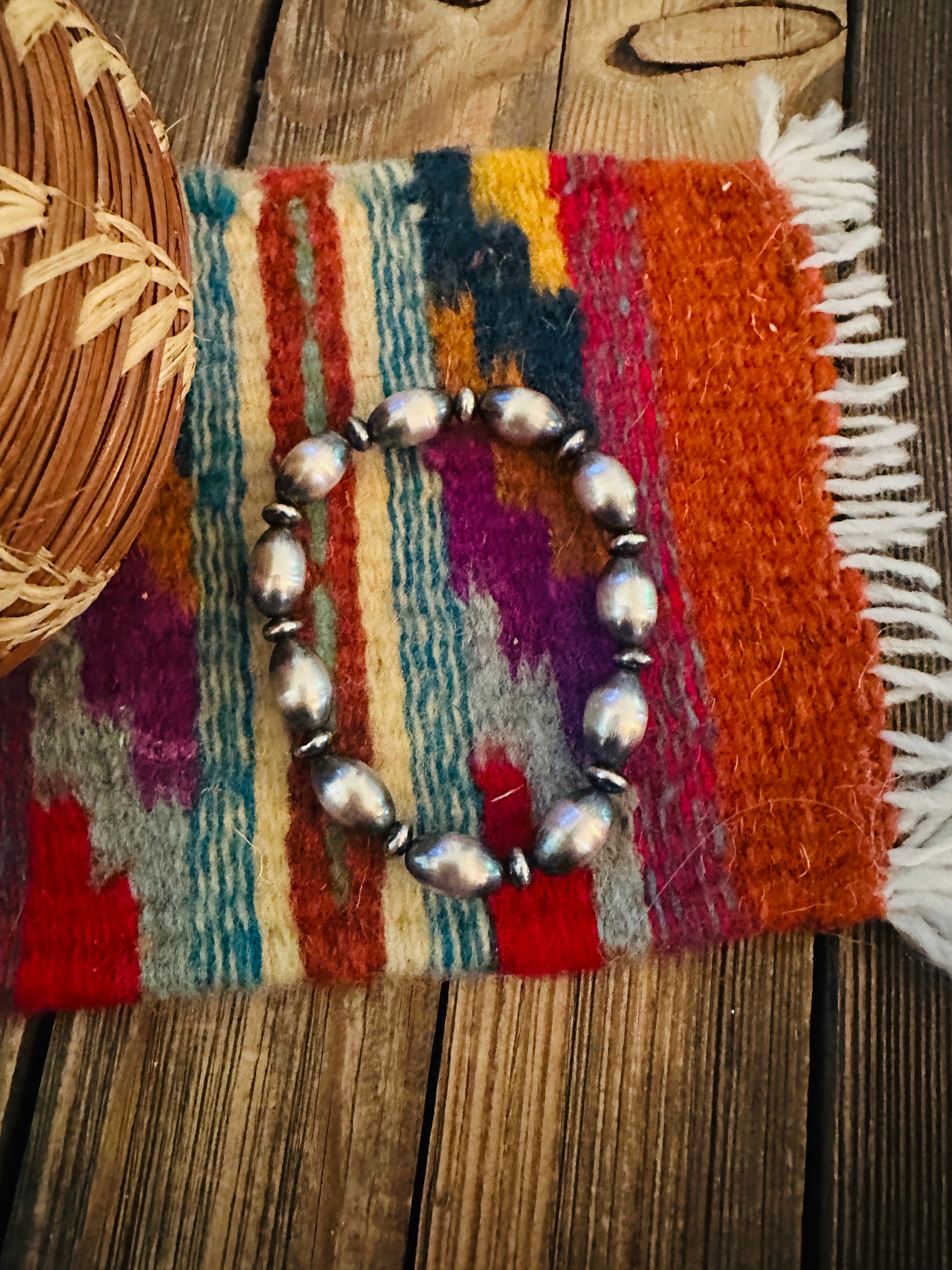 Handcrafed Sterling Silver Pearl Beaded Stretch Bracelet