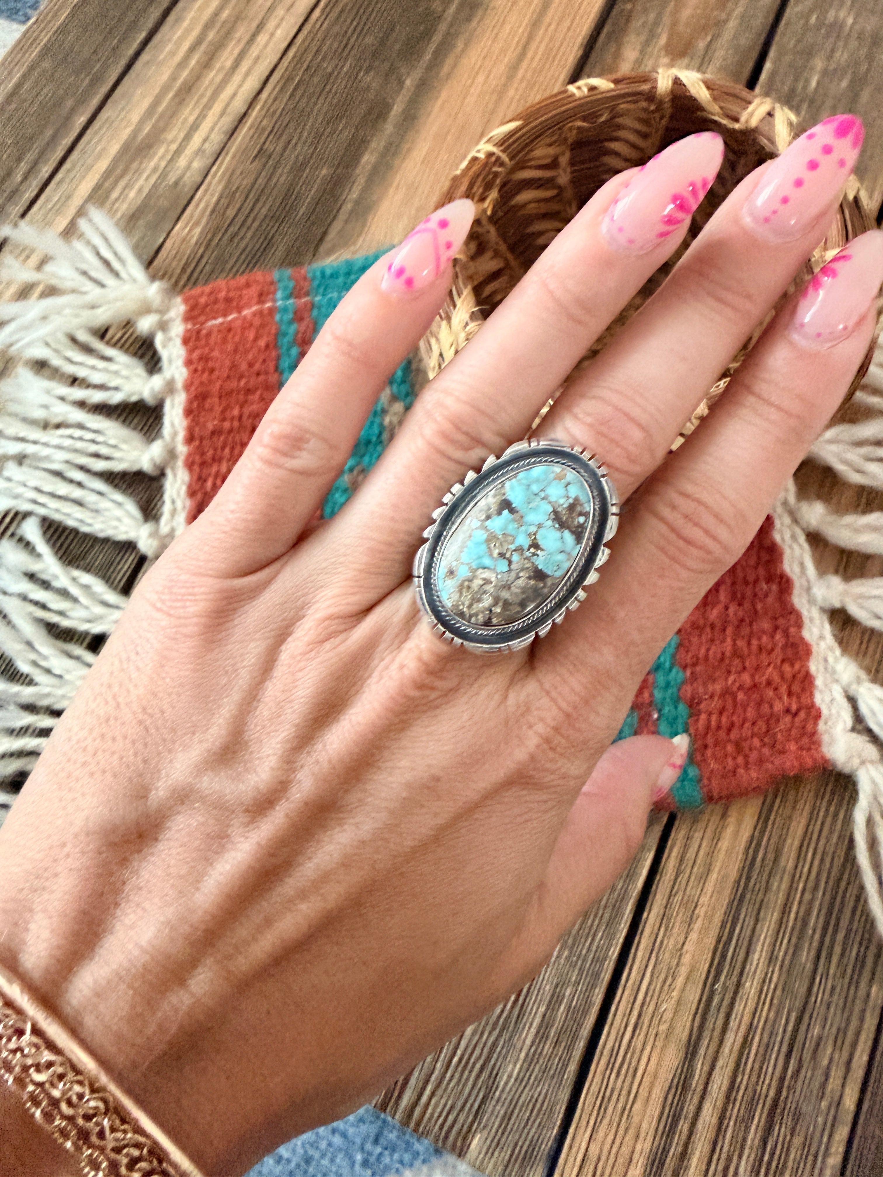 Handcrafted Dry Creek Turquoise & Sterling Silver Ring Size 8 by Daniel Benally