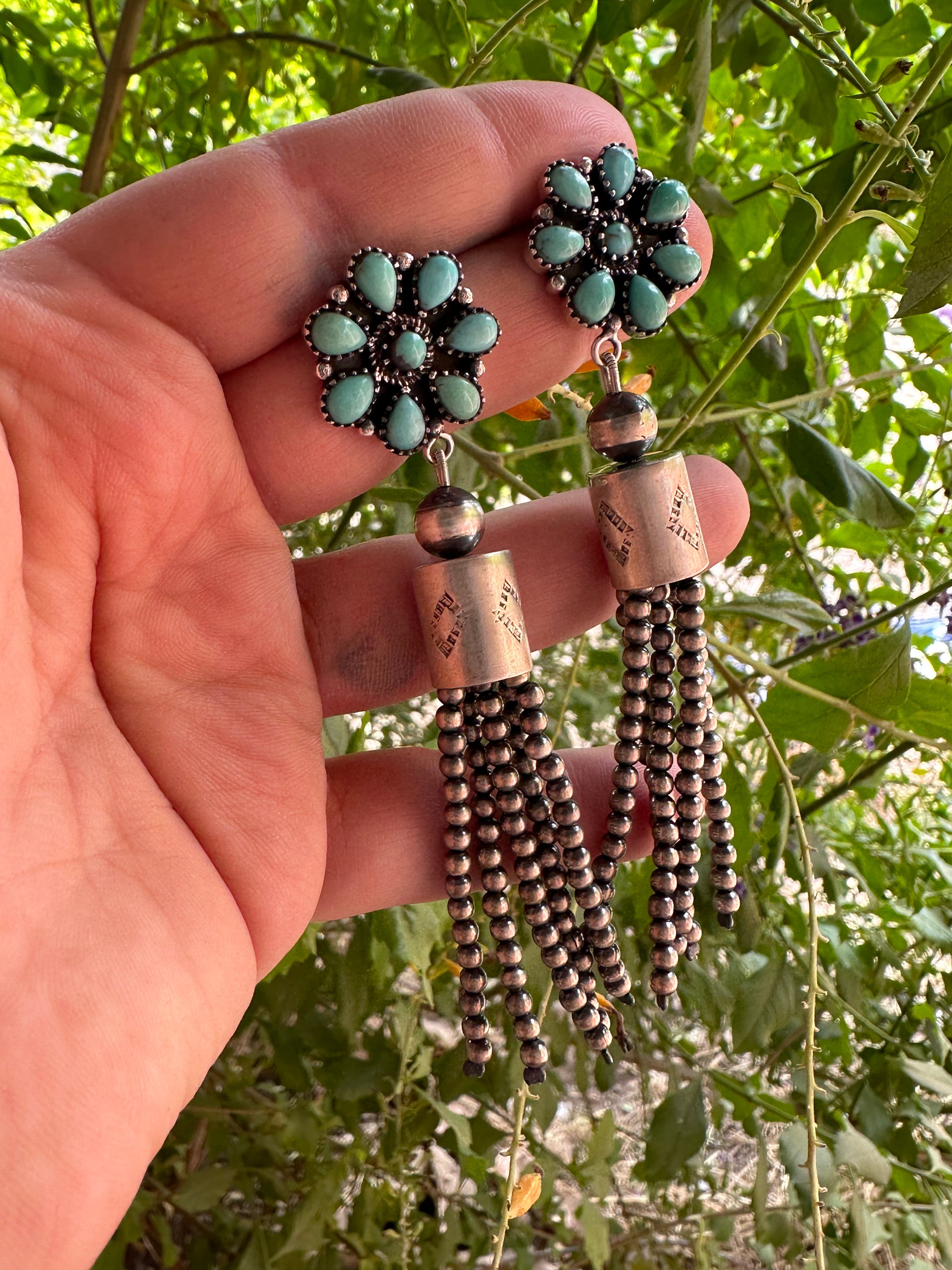 Handmade Sterling Silver Tassel Turquoise Flower Dangle Earrings Signed Nizhoni