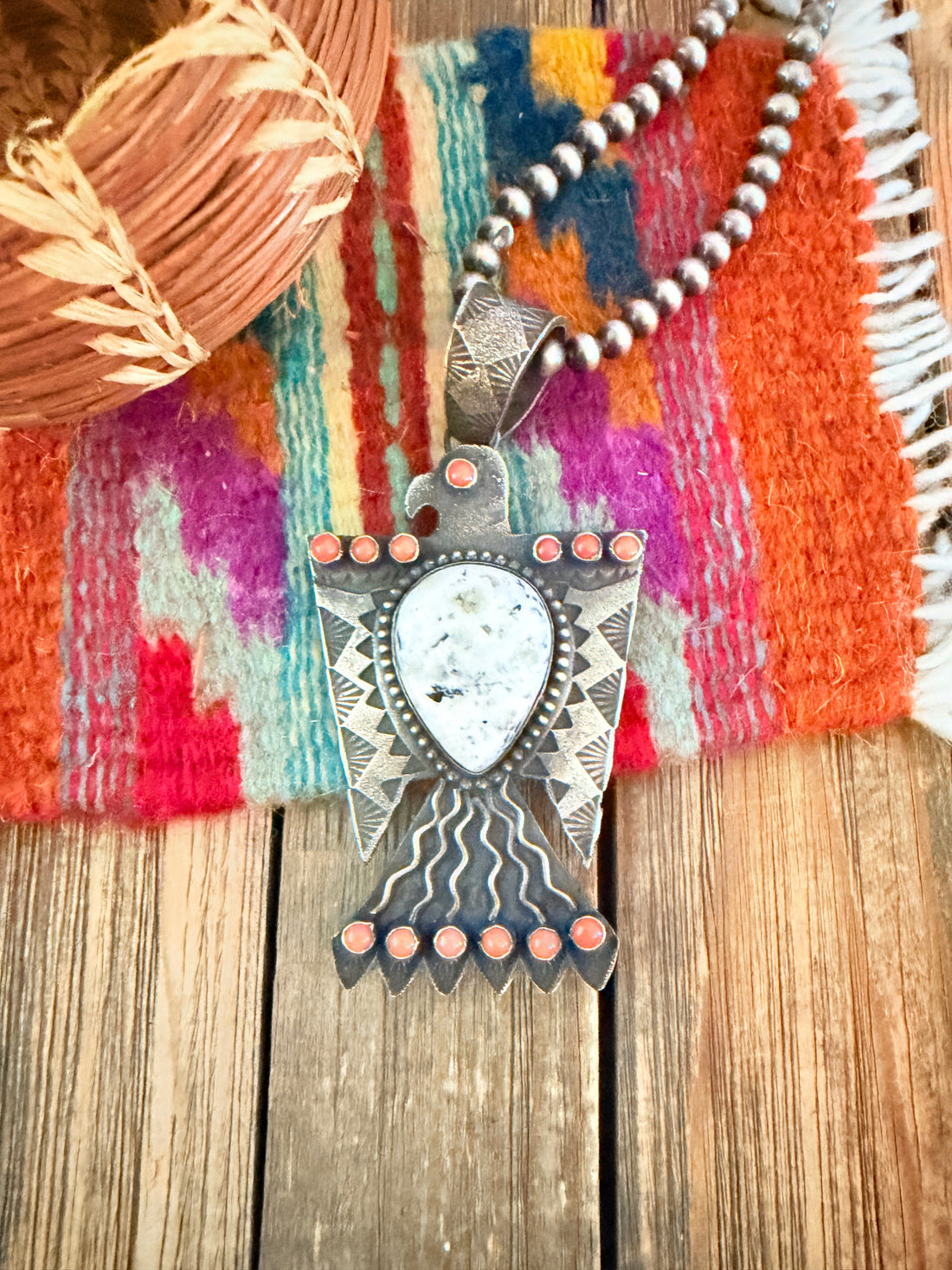 Handcrafted Sterling Silver, White Buffalo & Coral Thunderbird Pendant by Shawn Cayatineto
