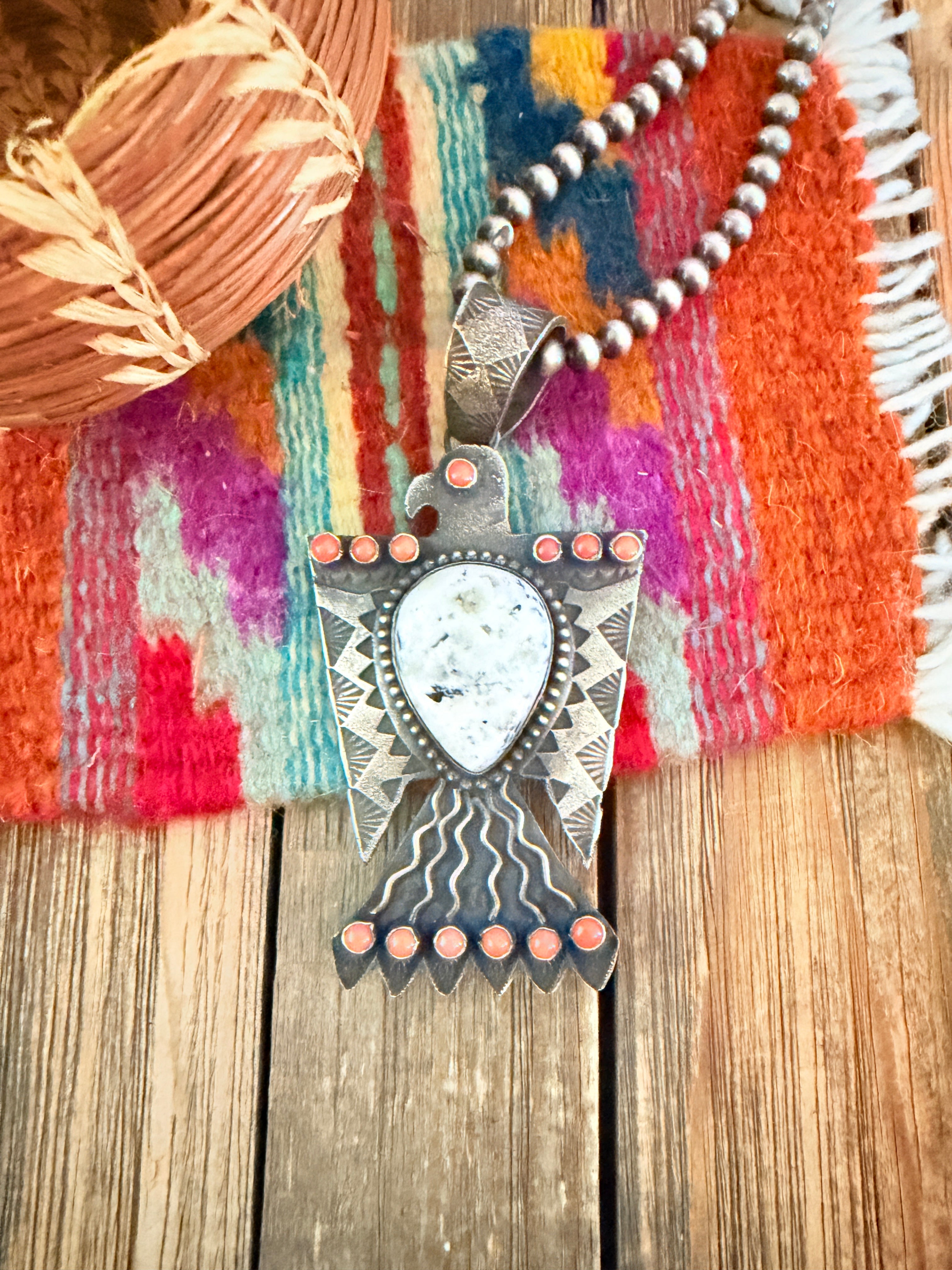 Handcrafted Sterling Silver, White Buffalo & Coral Thunderbird Pendant by Shawn Cayatineto