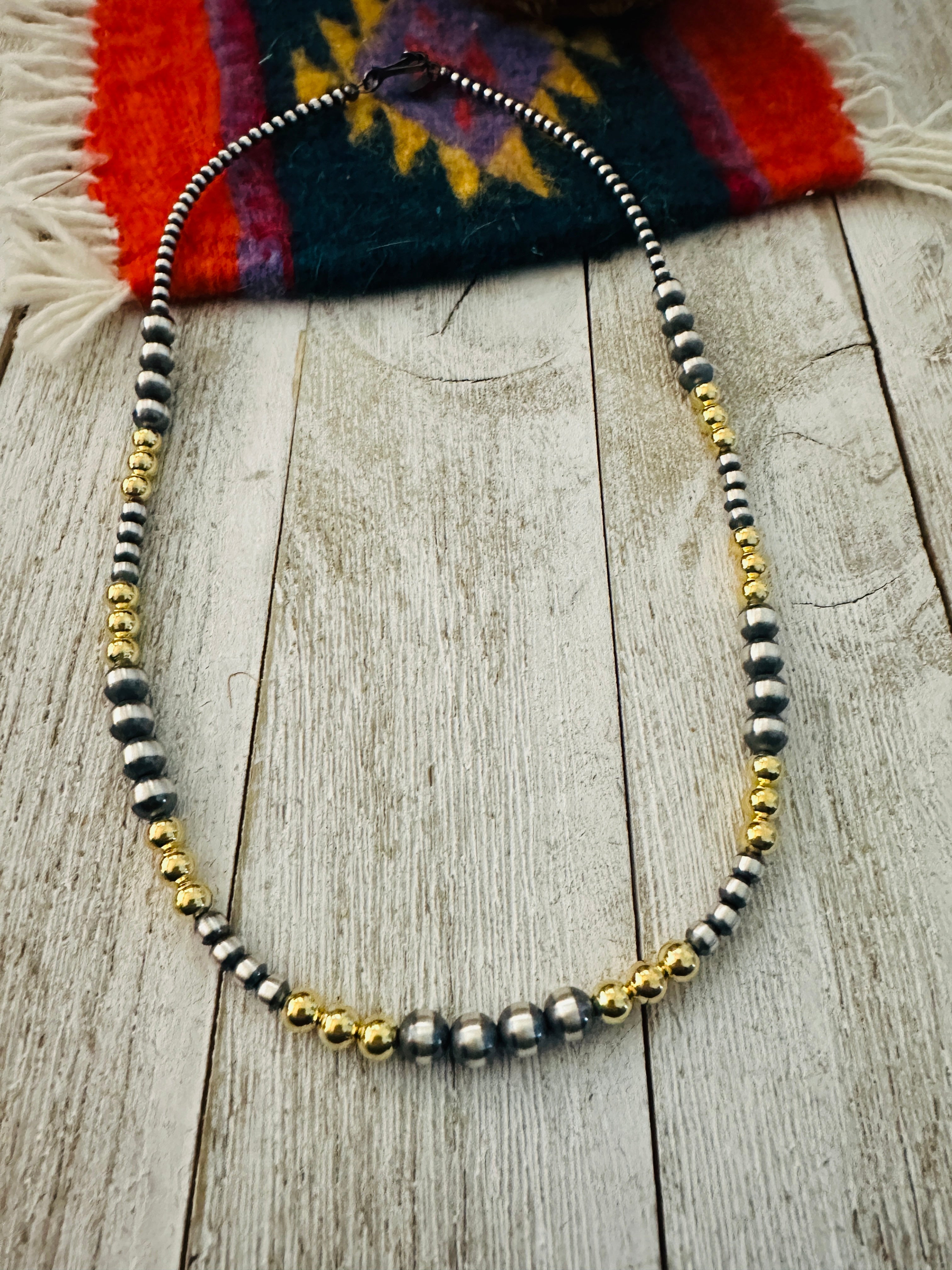 Navajo Sterling Silver & Gold Beaded 18” Necklace