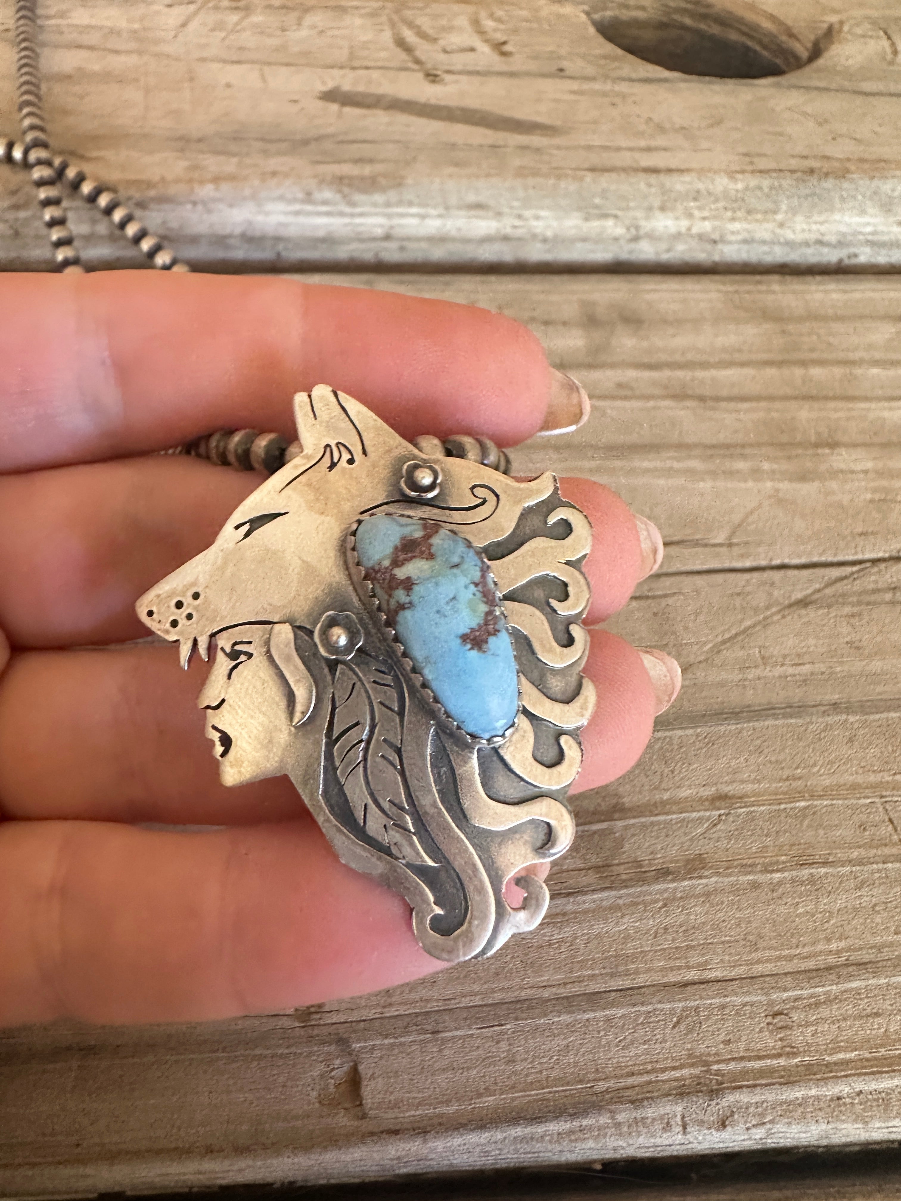 Beautiful Handmade Sterling Silver & Golden Hills Turquoise Whispering Dog Pendant