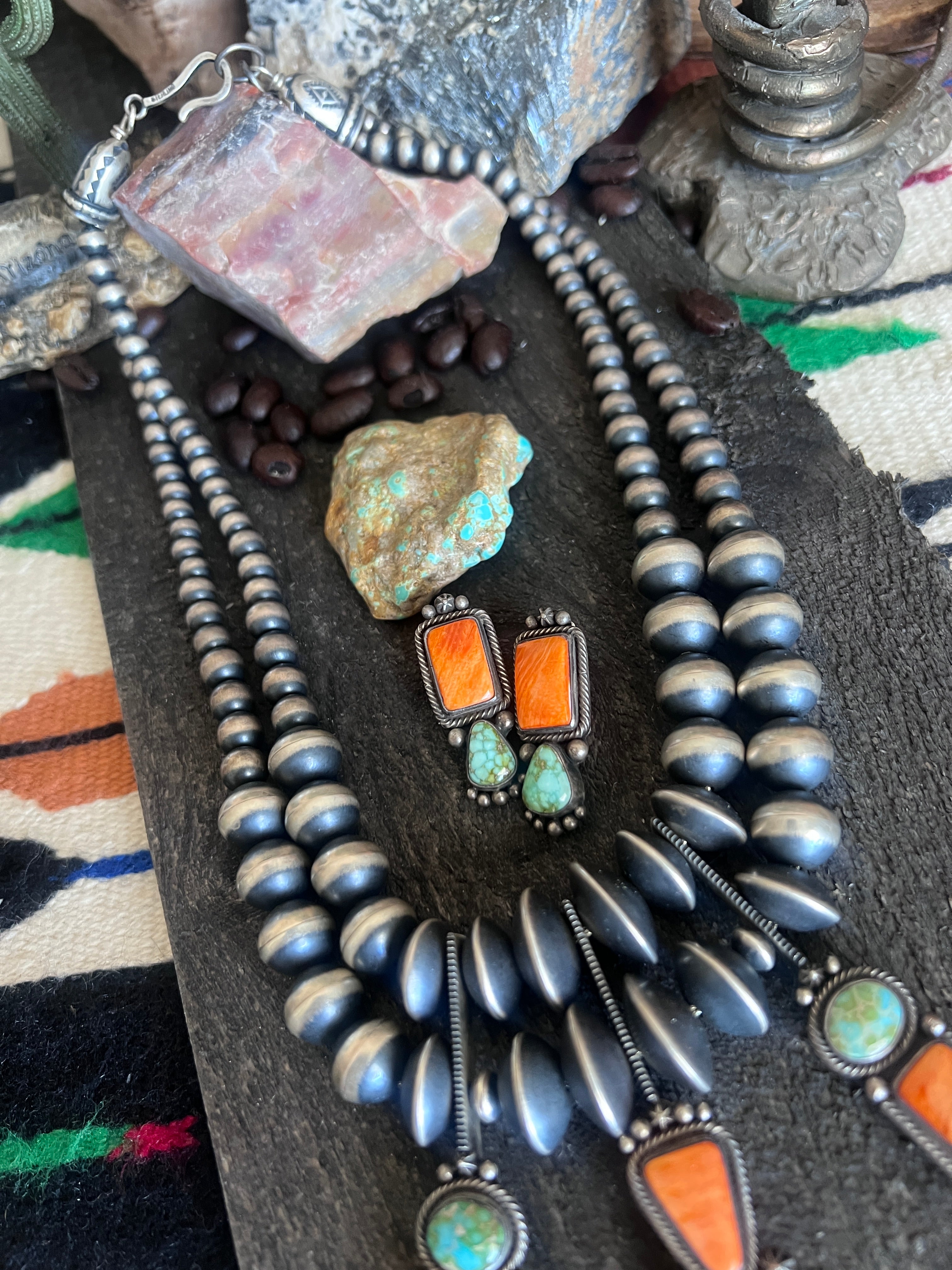 Electric Rainbow Sterling Silver, Sonoran Gold Turquoise and Spiny Oyster Beaded Necklace and Earrings Set by Bernyse Chavez