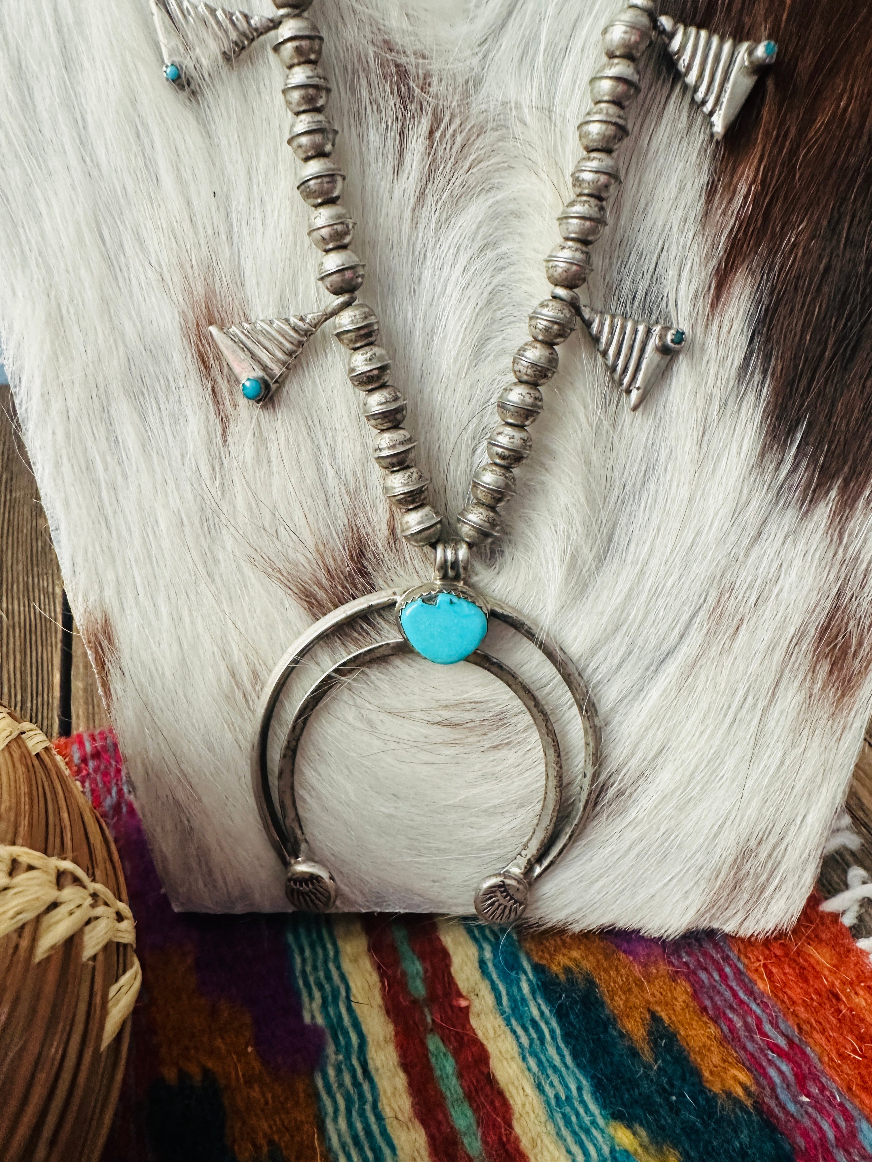 Old Pawn Handcrafted Turquoise & Sterling Silver Squash Blossom Necklace