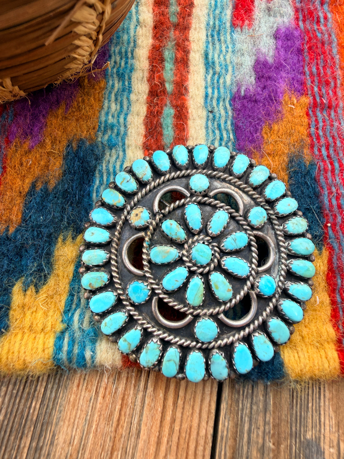 Old Pawn Handcrafted Turquoise and Sterling Silver Cluster Brooch/ Pendant