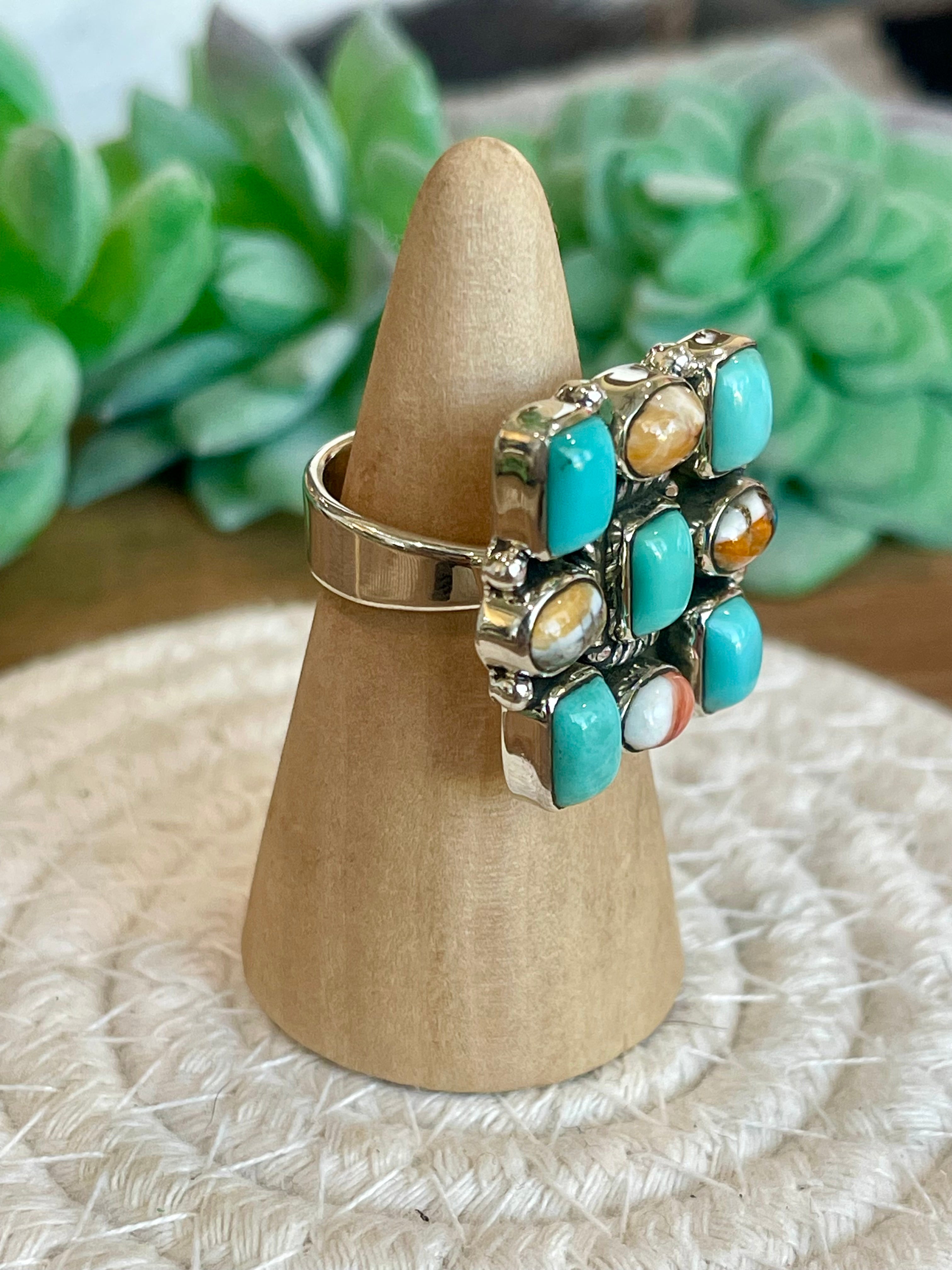 Beautiful Handmade Turquoise, Spice And Sterling Silver Adjustable Ring