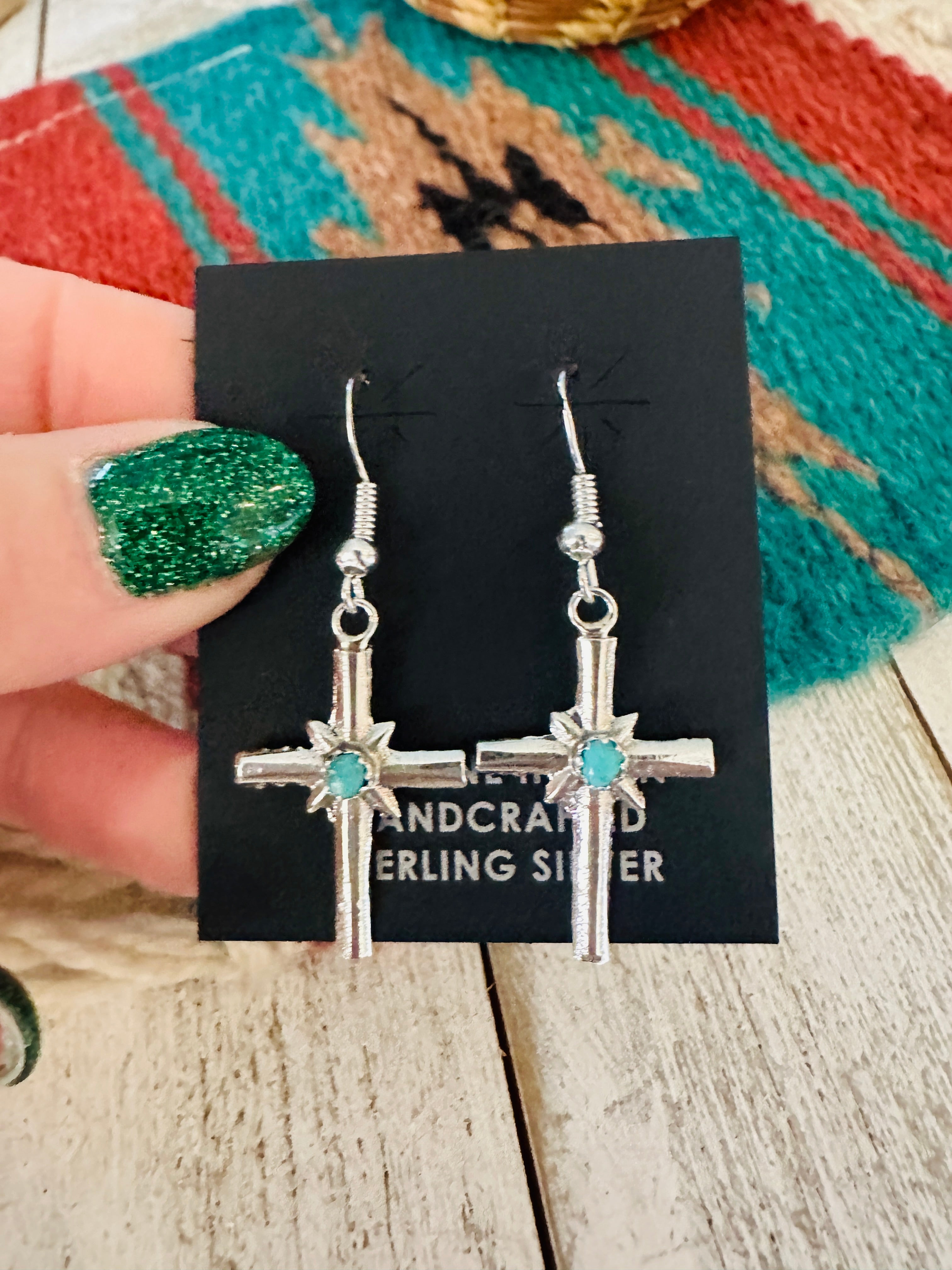 Navajo Sterling Silver & Turquoise Cross Dangle Earrings