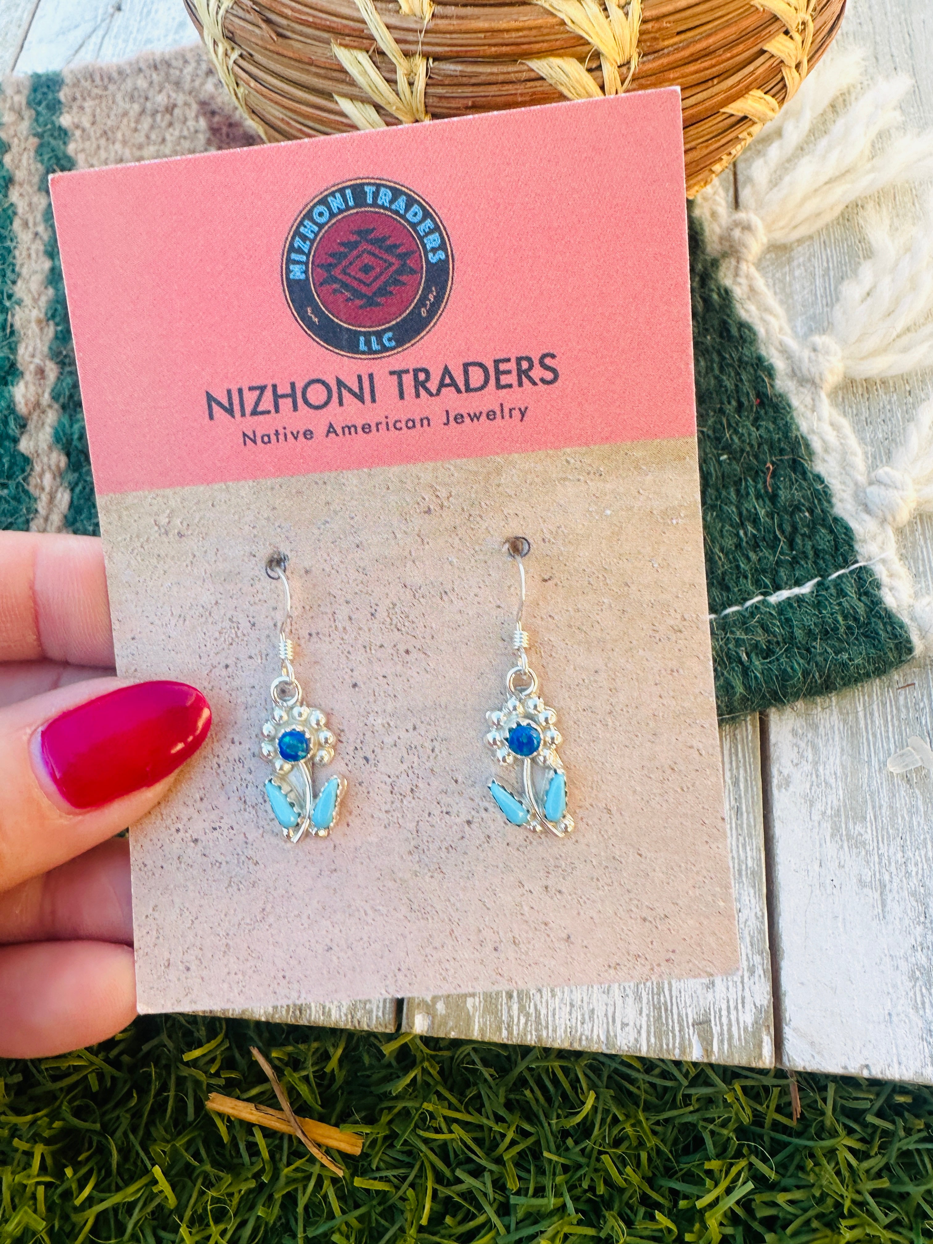 Handcrafted Turquoise, Dark Blue Opal & Sterling Silver Flower Dangle Earrings