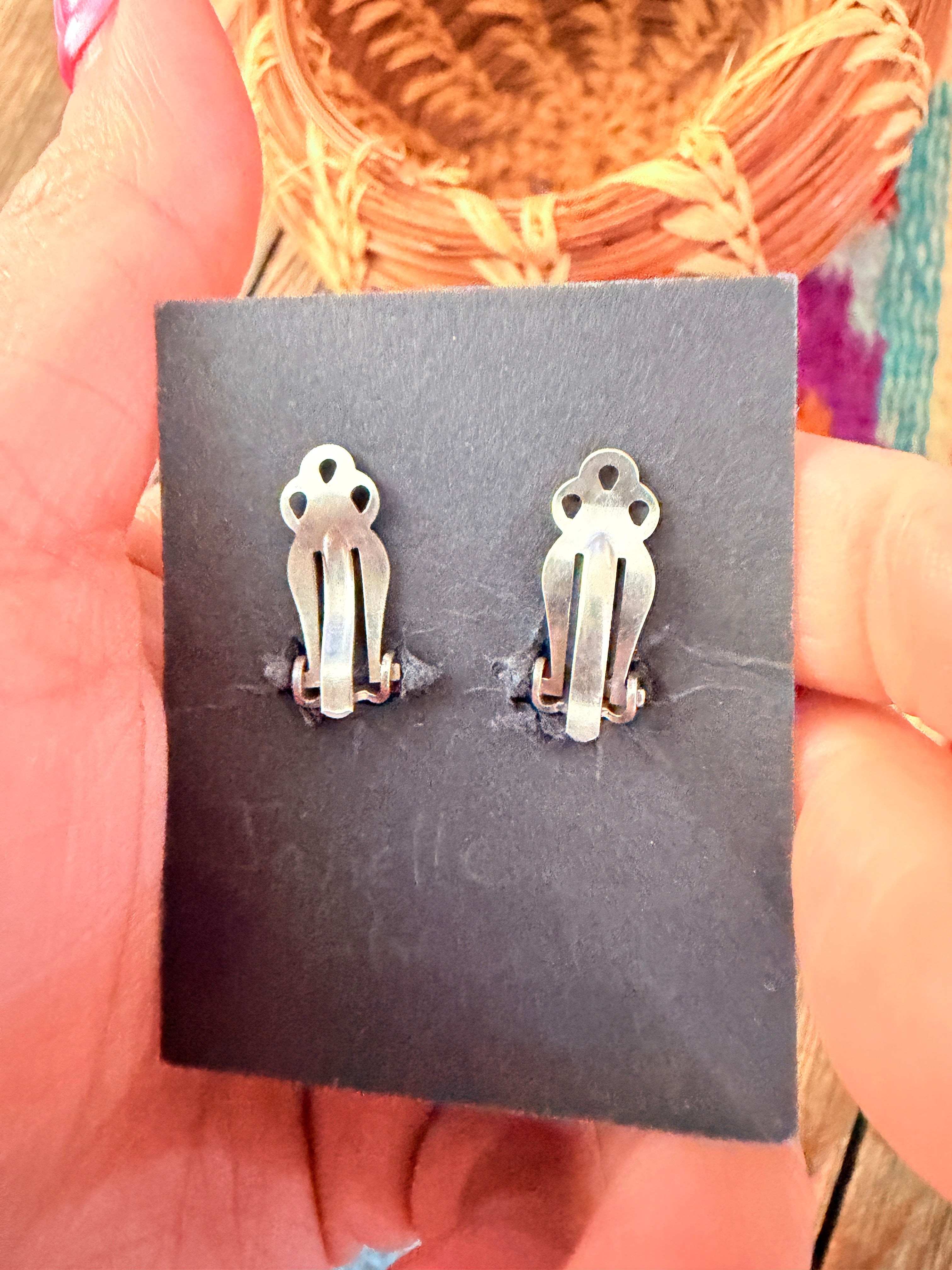 Old Pawn Handcrafted Sterling Silver & Turquoise Inlay Clip On Earrings