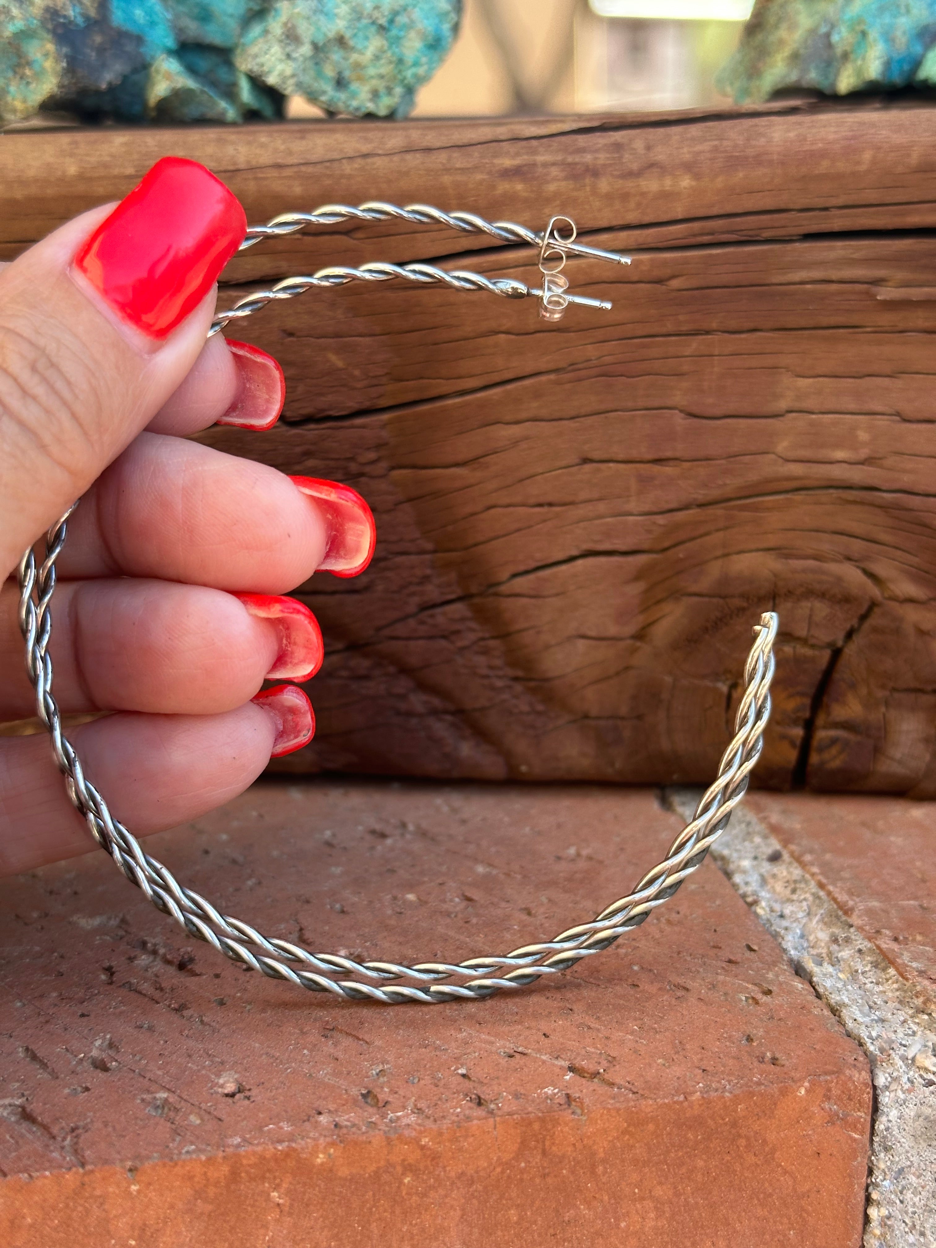 Navajo Sterling Silver 3 Inch Hoop Earrings