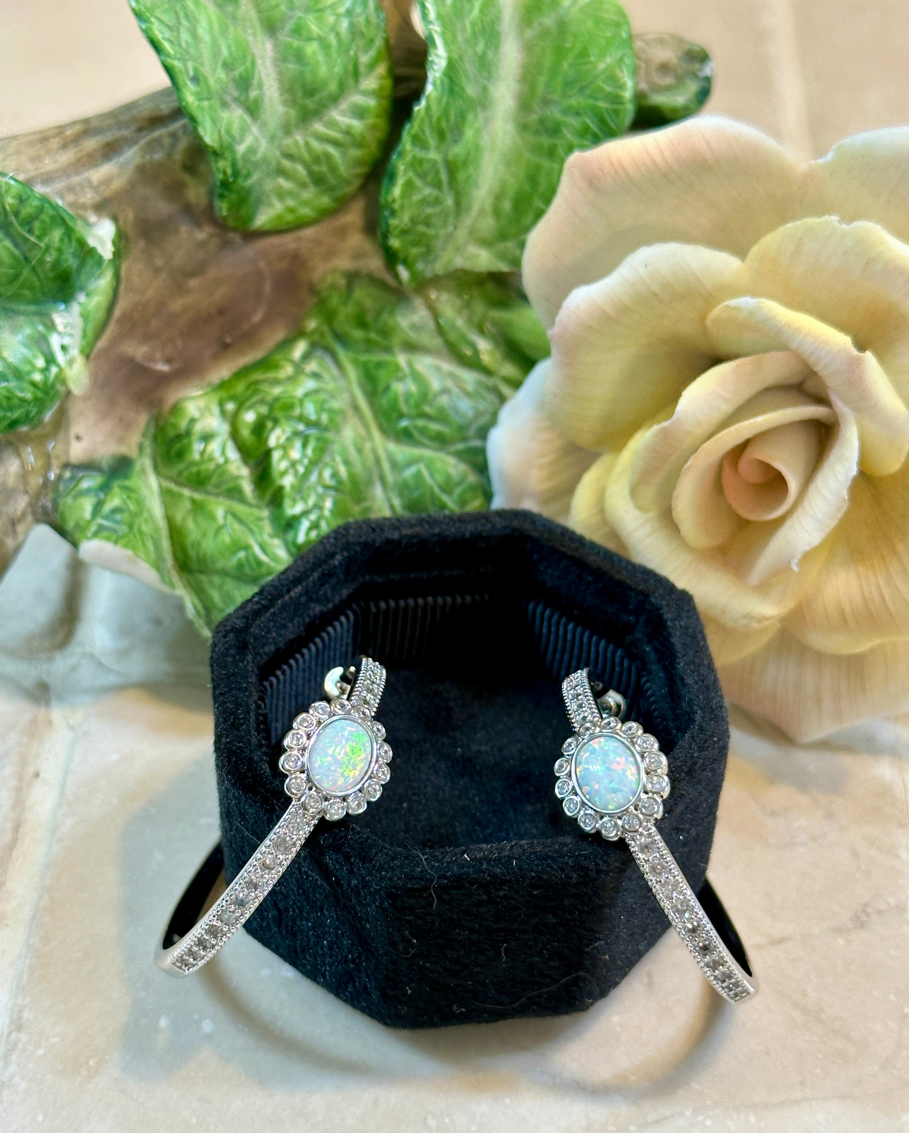 Carina CZ Studded Opal Hoop Earrings Silver