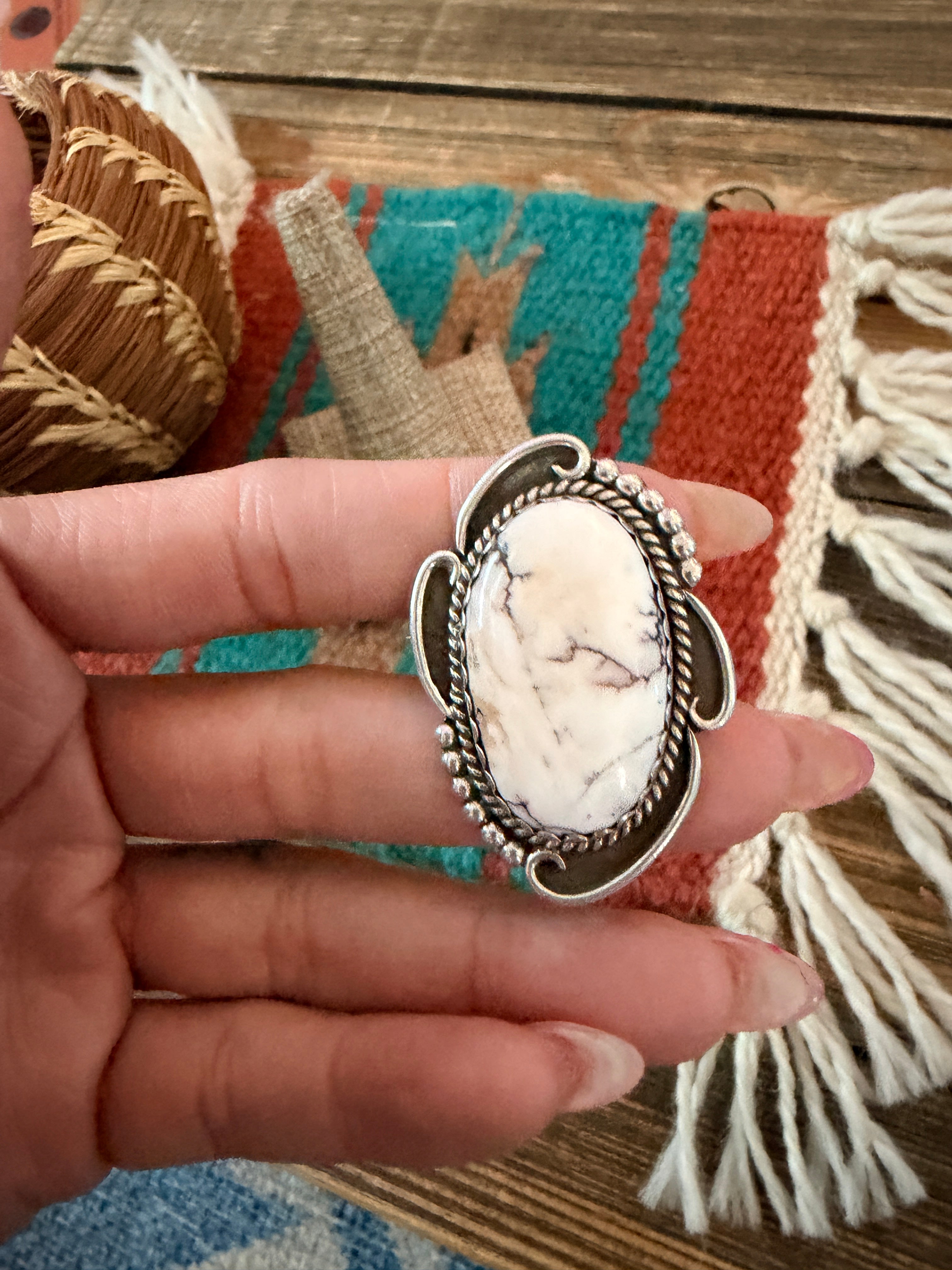Old Pawn Handcrafted White Buffalo & Sterling Silver Ring Size 6.75