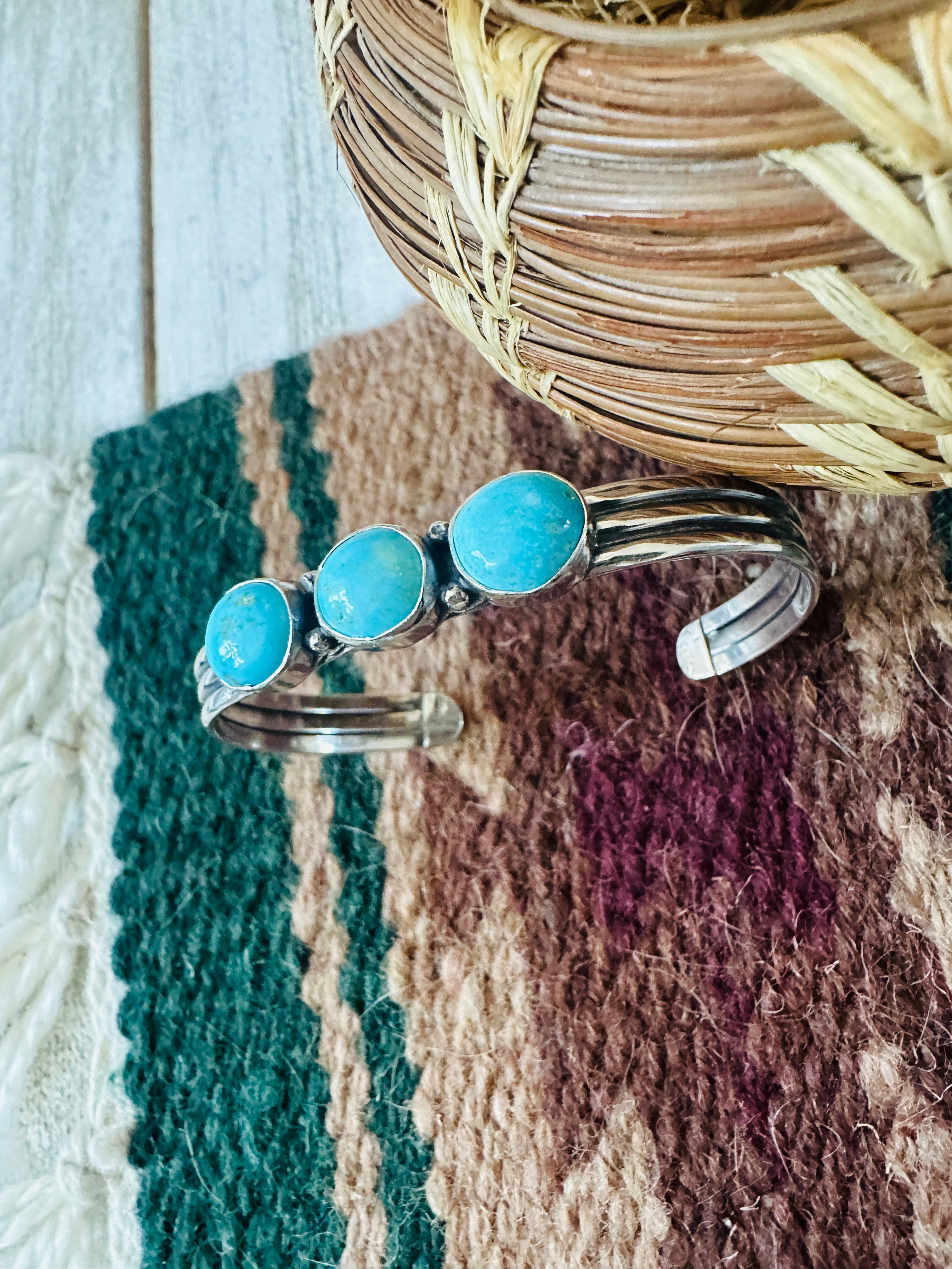 Navajo Turquoise & Sterling Silver 3-Stone Cuff Bracelet