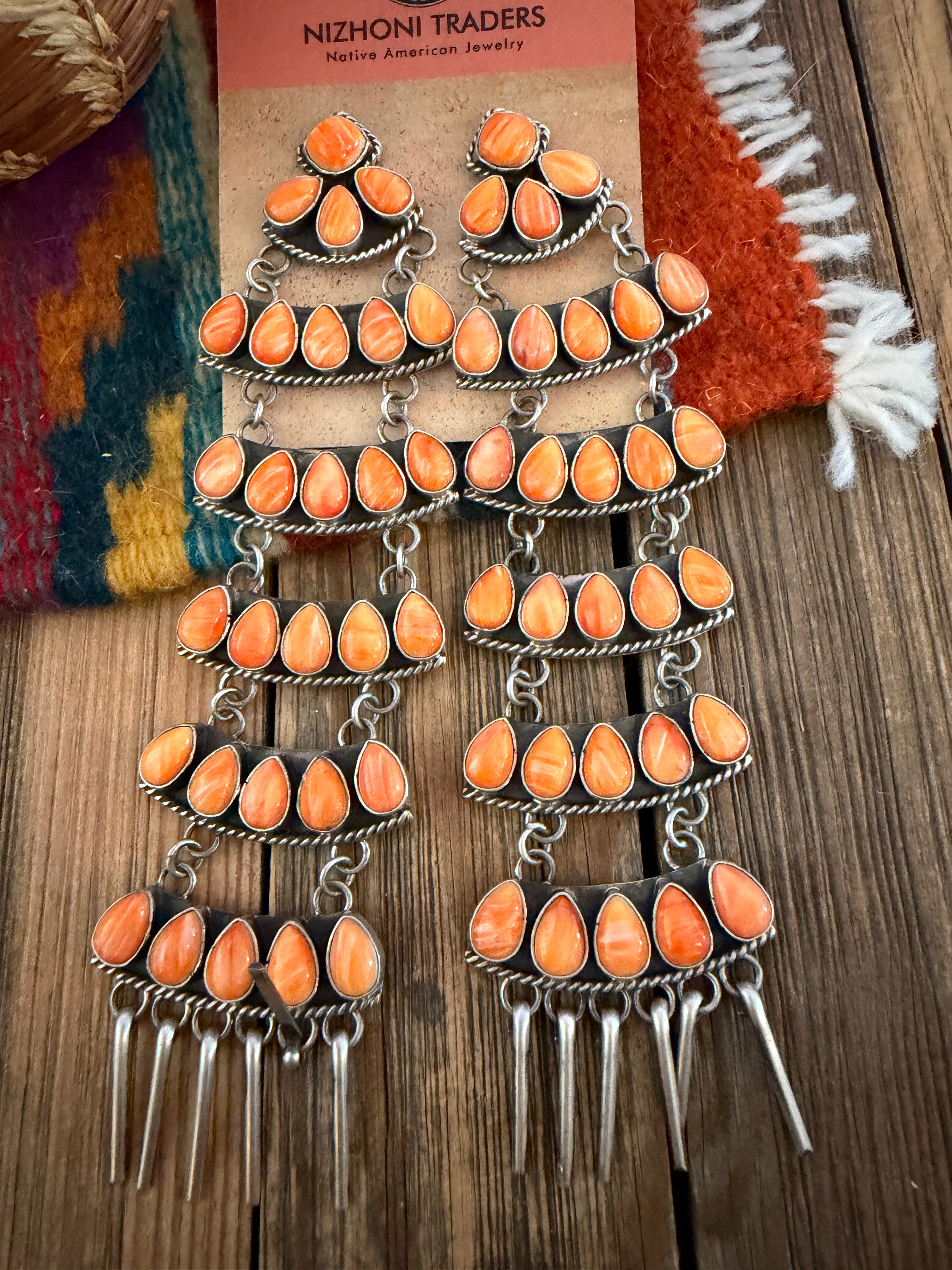 Handcrafted Orange Spiny Oyster & Sterling Silver Chandelier Dangle Earrings by Charles Johnson