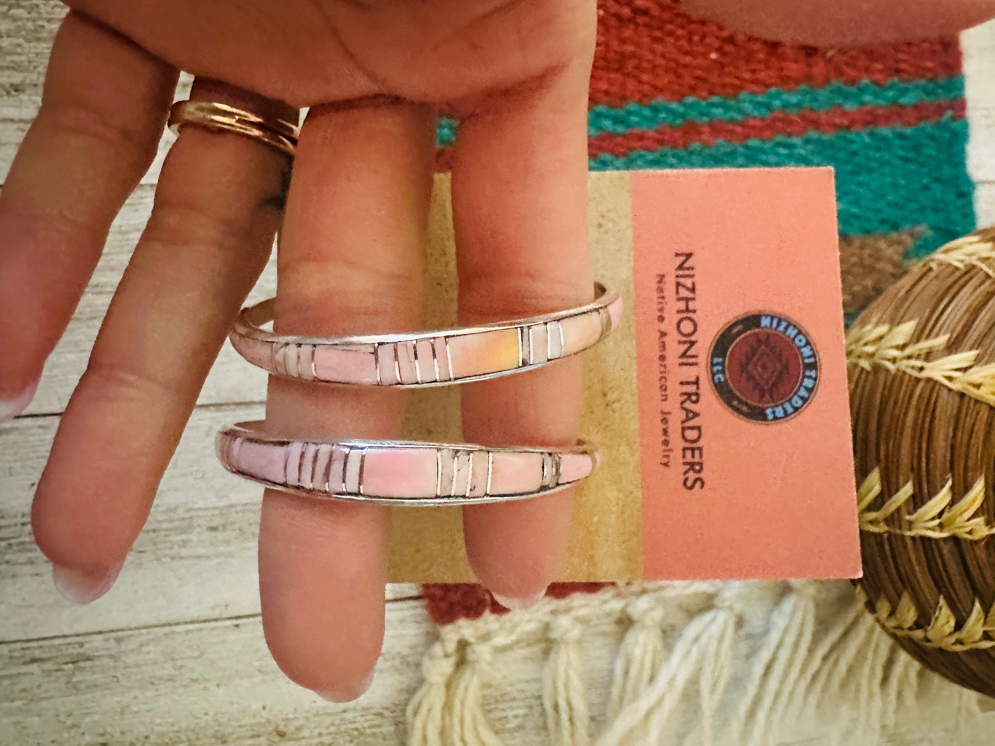 Navajo Mother of Pearl & Sterling Silver Inlay Cresent Hoop Earrings