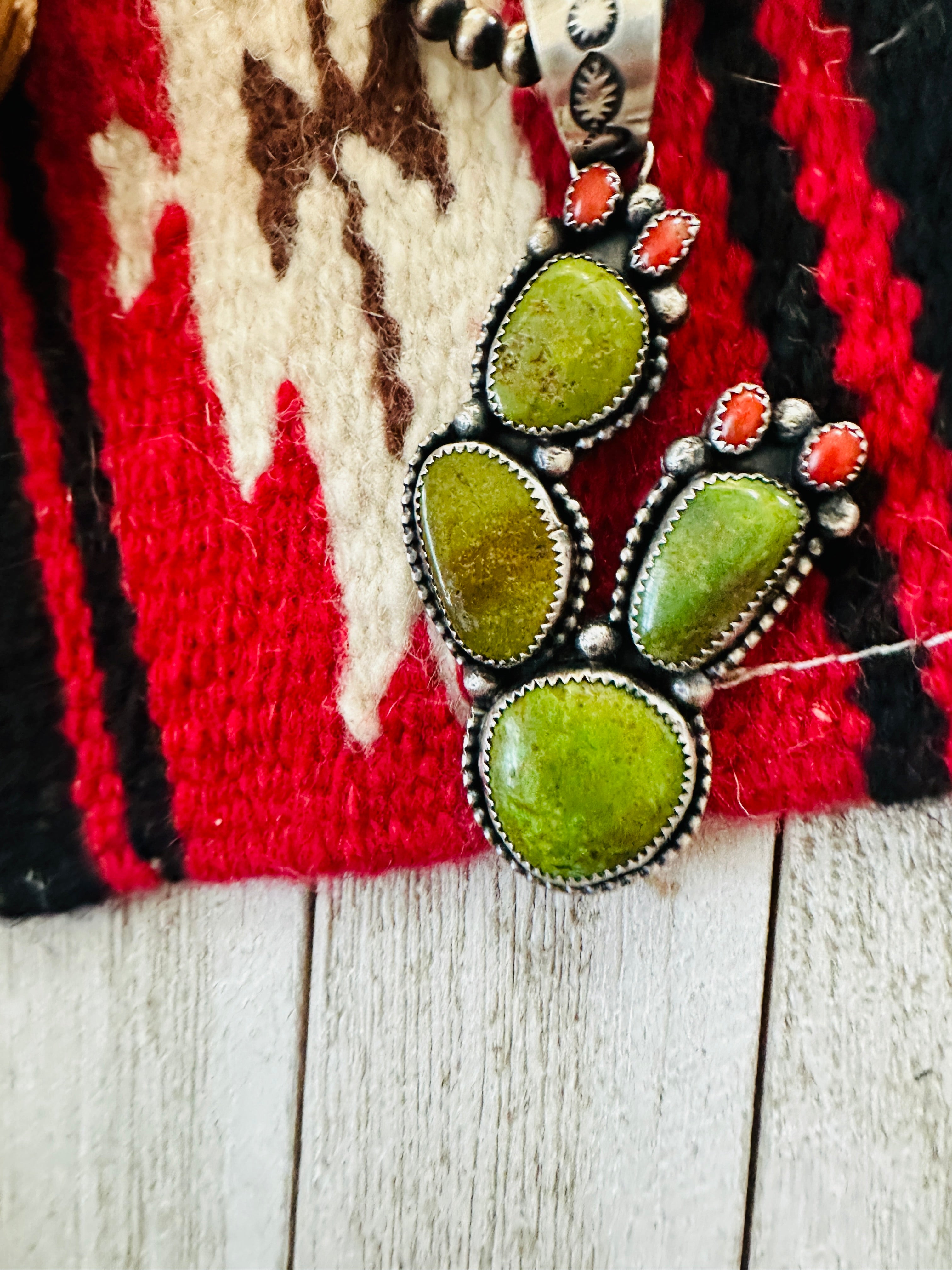 Navajo Turquoise, Coral and Sterling Silver Cactus Pendant