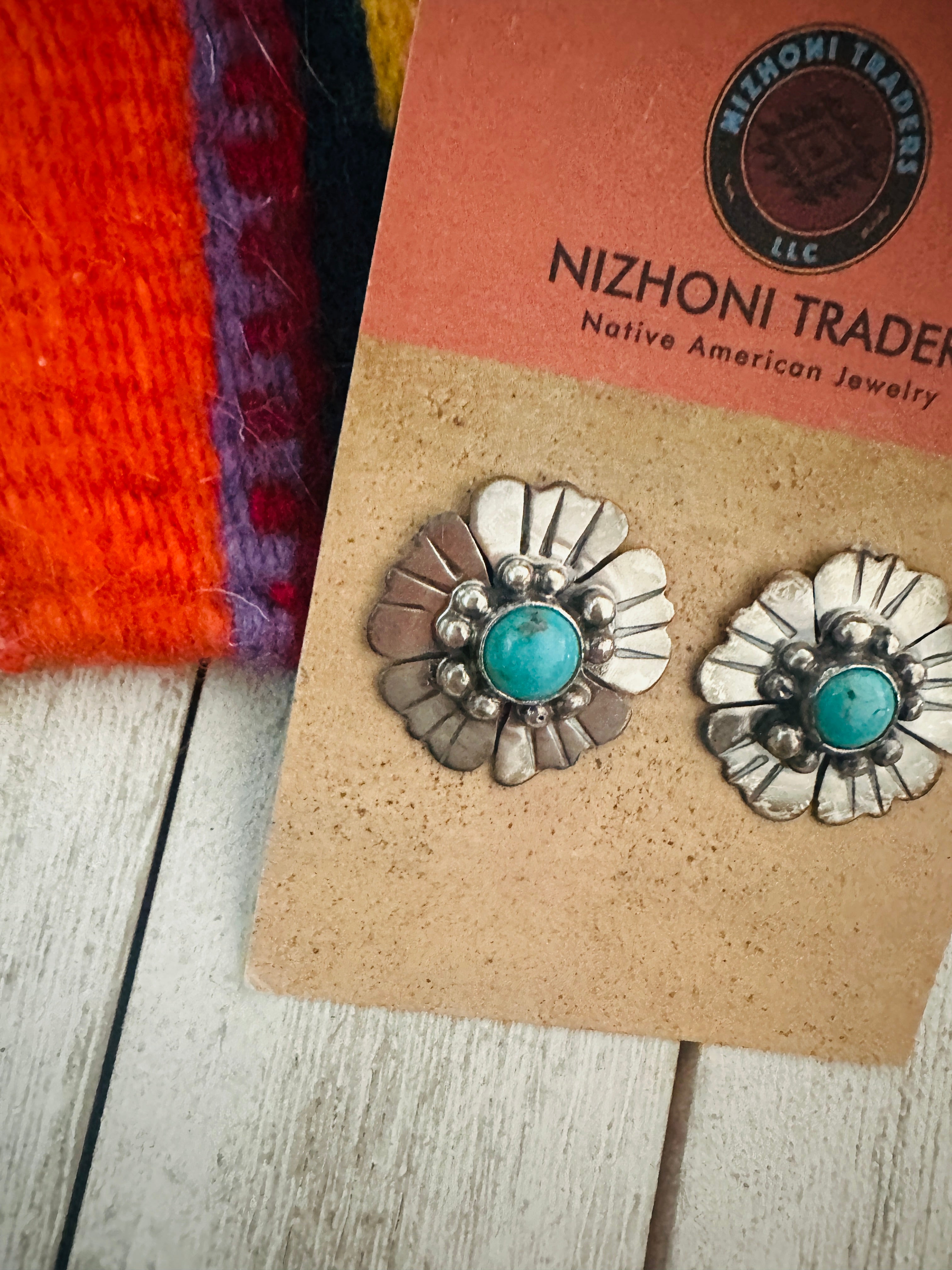 Navajo Turquoise and Sterling Silver Flower Post Earrings