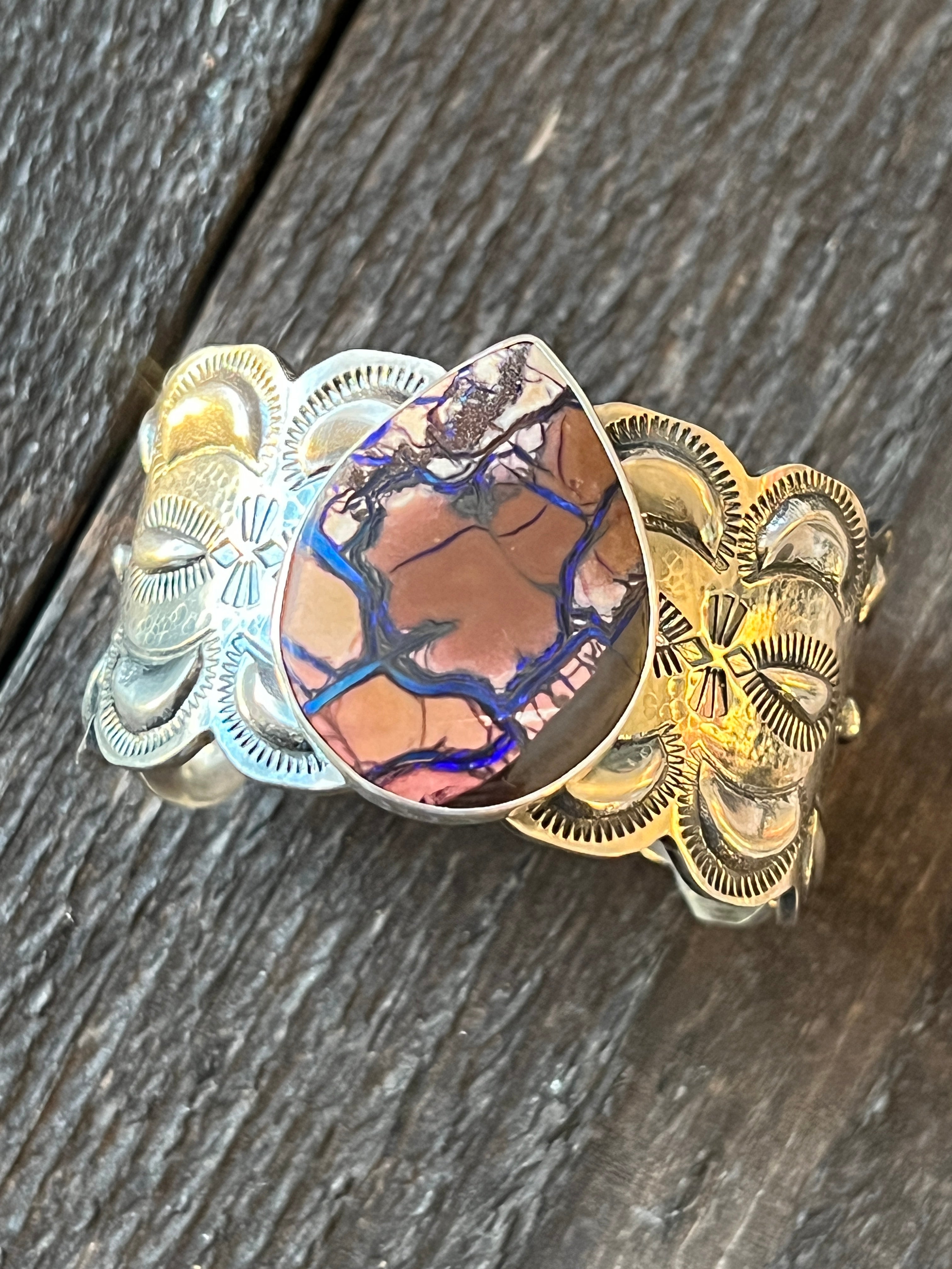 Hand Forged Artisan Sterling Silver & Boulder Opal Cuff Bracelet by Mahkato Silver