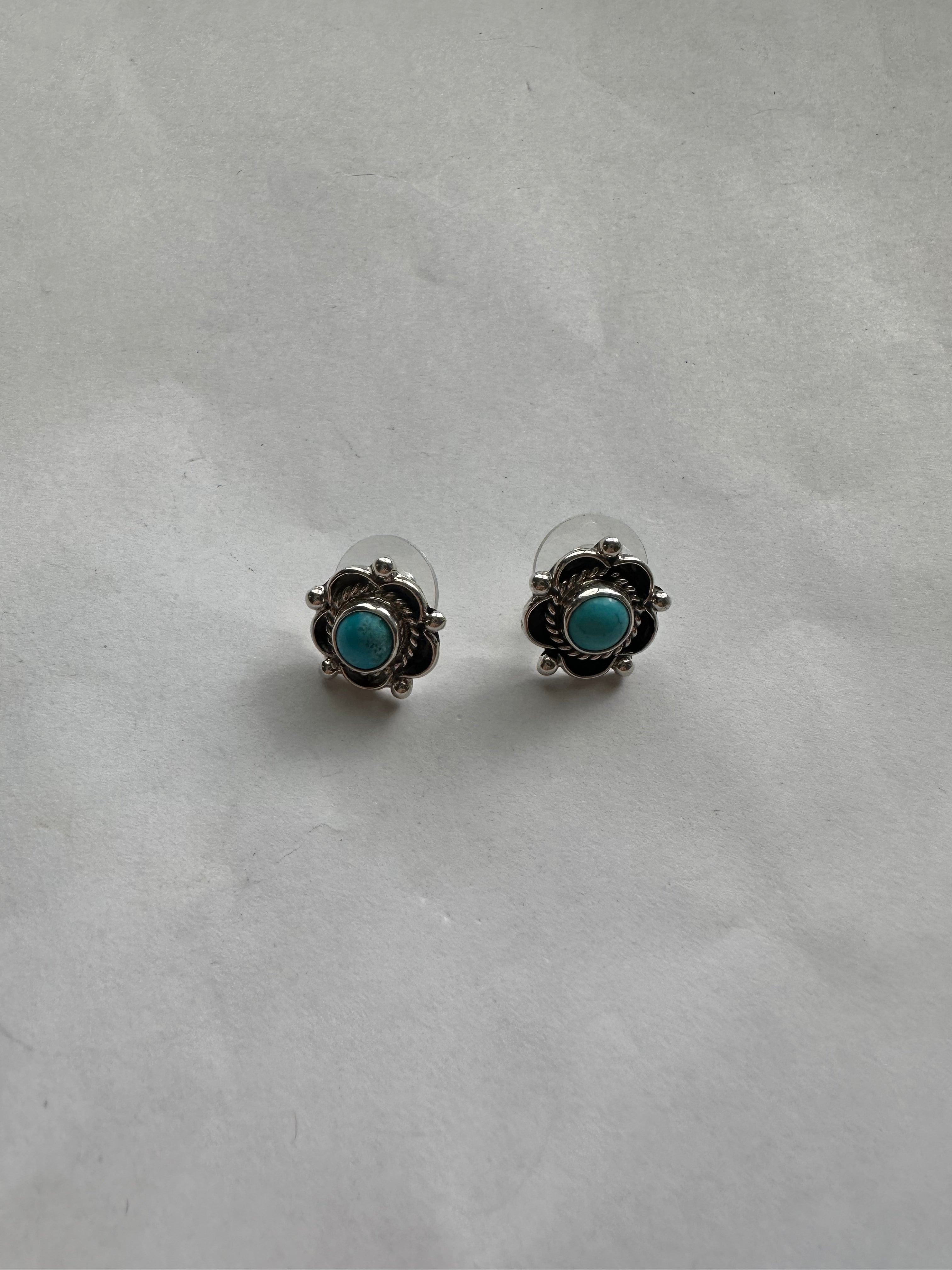 Navajo Sterling Silver & Turquoise Flower Stud Earrings