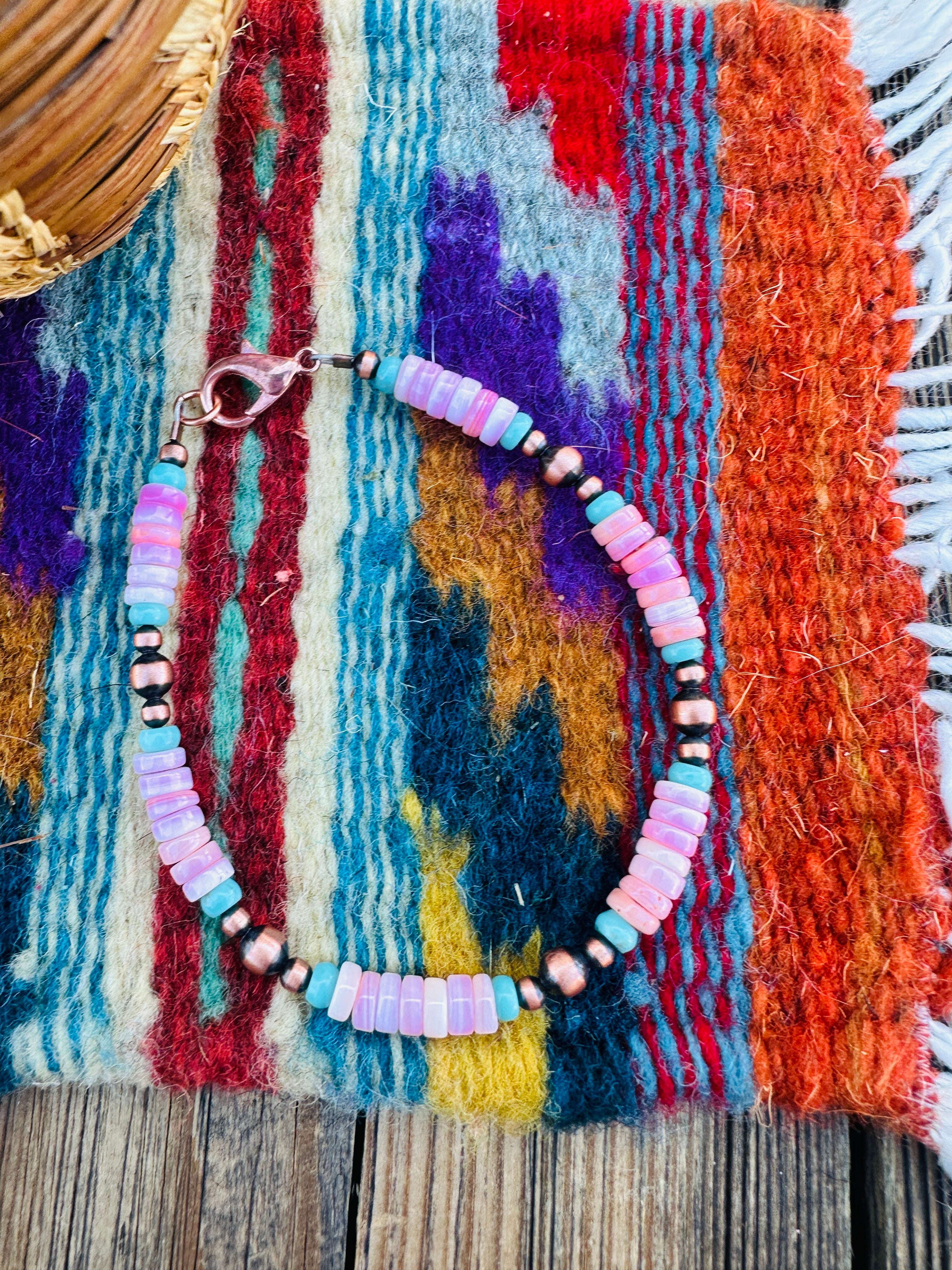 Handcrafted Queen Pink Conch, Turquoise & Copper Beaded Bracelet