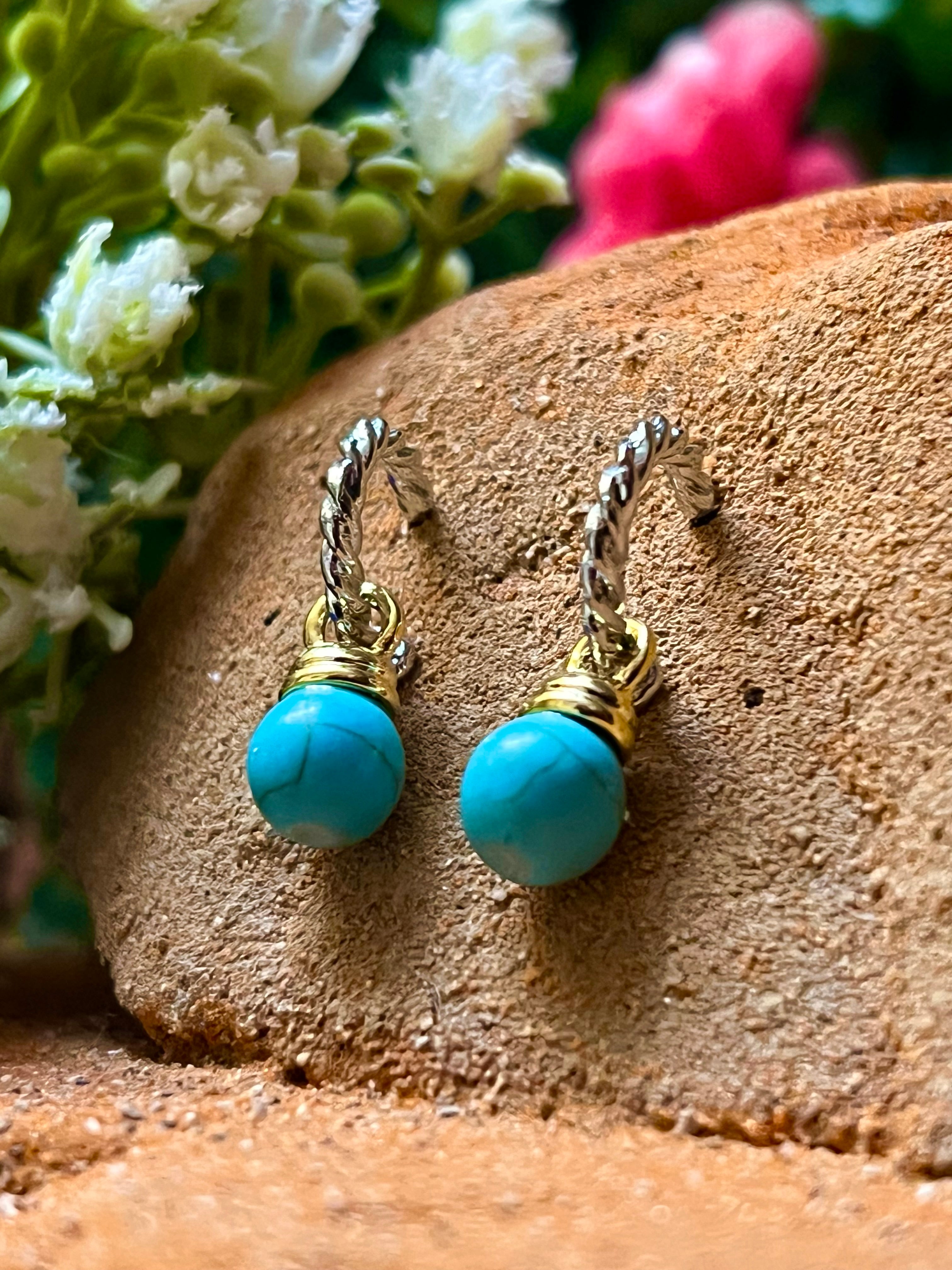 Silver & 14k Gold Plated Two Tone Turquoise Colored Bead Cable Hoop Earrings