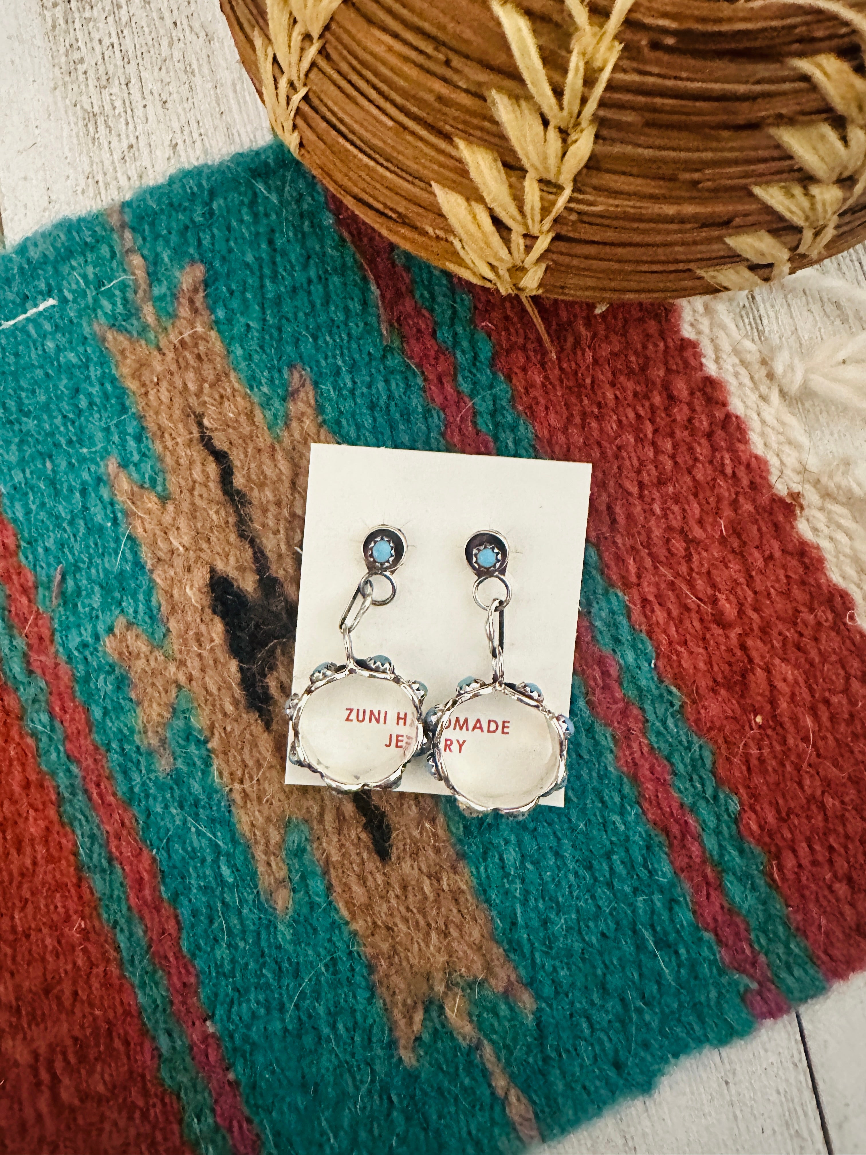 Zuni Turquoise & Sterling Silver Snake Eye Dangle Earrings