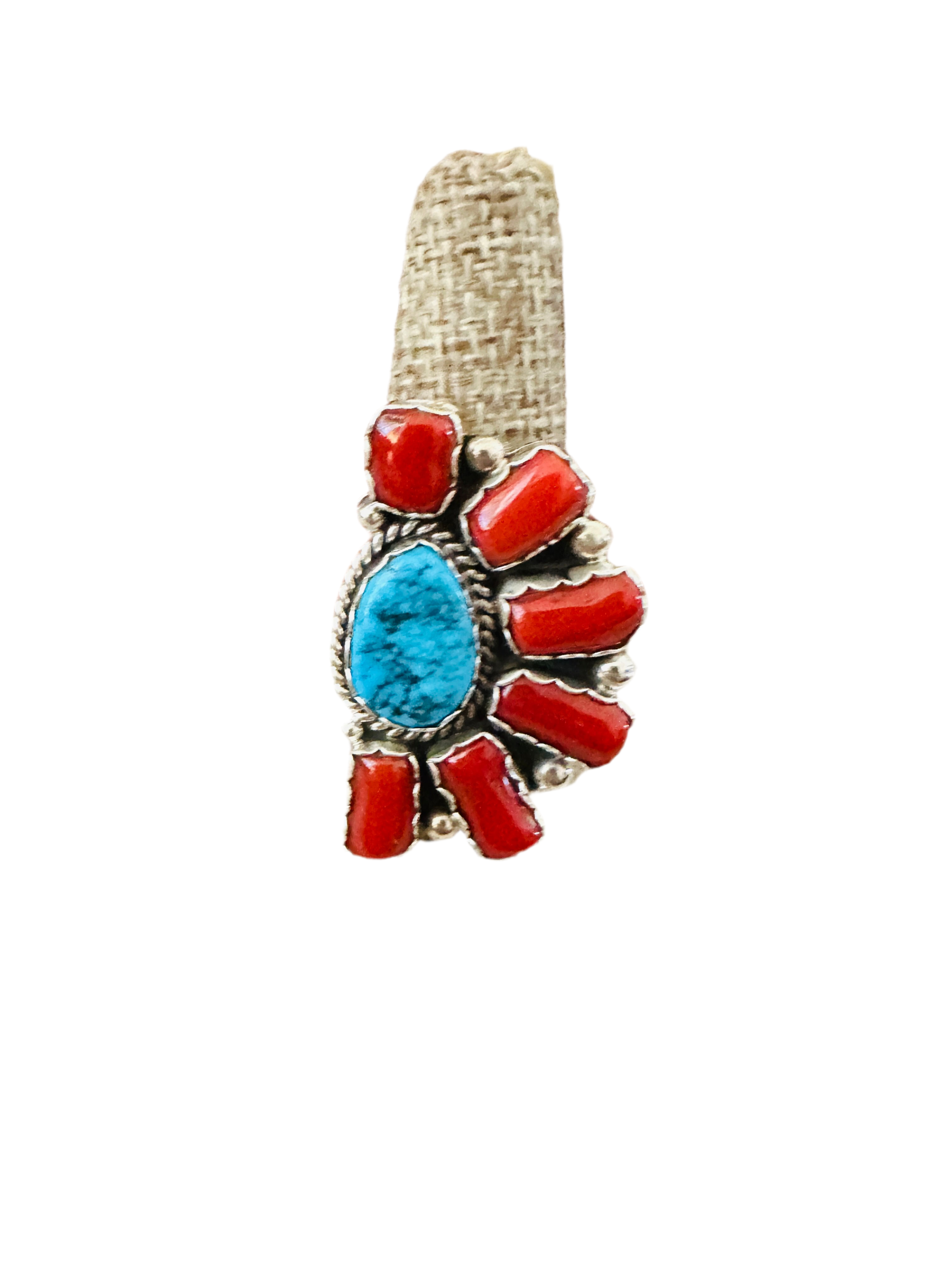 Handcrafted Turquoise, Coral & Sterling Silver Cluster Ring by Julia Etsitty