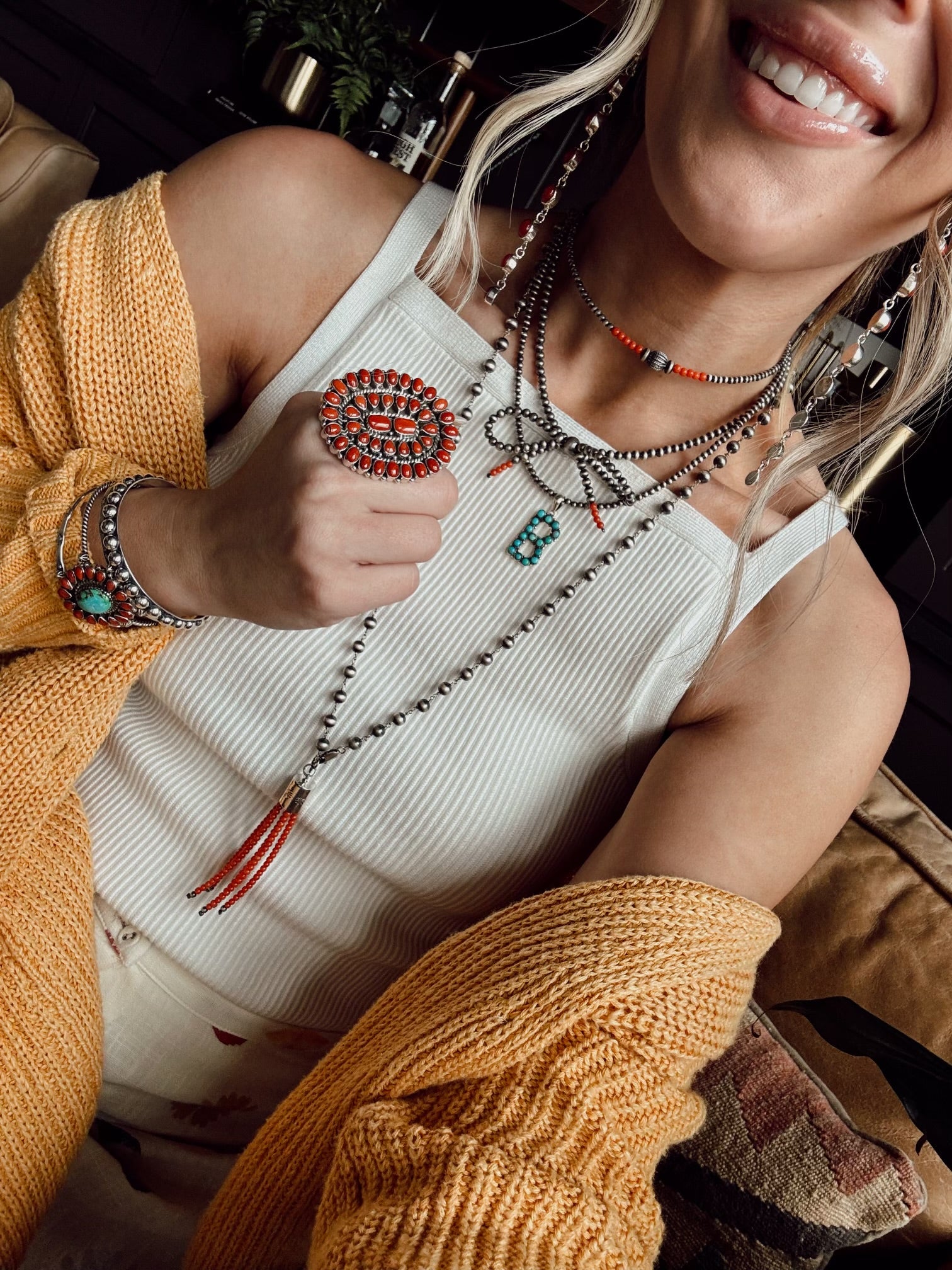 Handmade Sterling Silver Beaded Coral Tassel Necklace