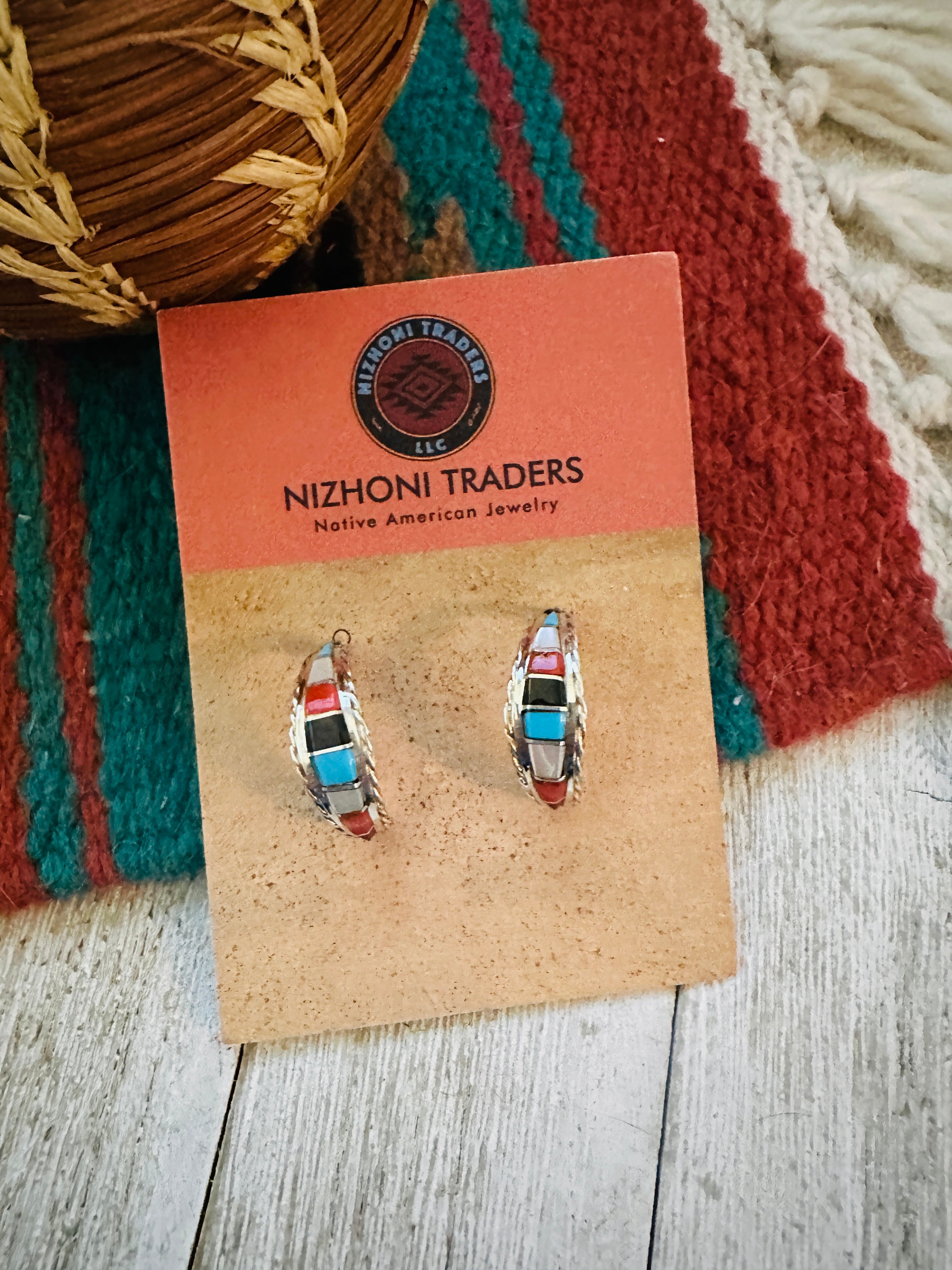 Handcrafted Sterling Silver & Multi Stone Inlay Hoop Earrings