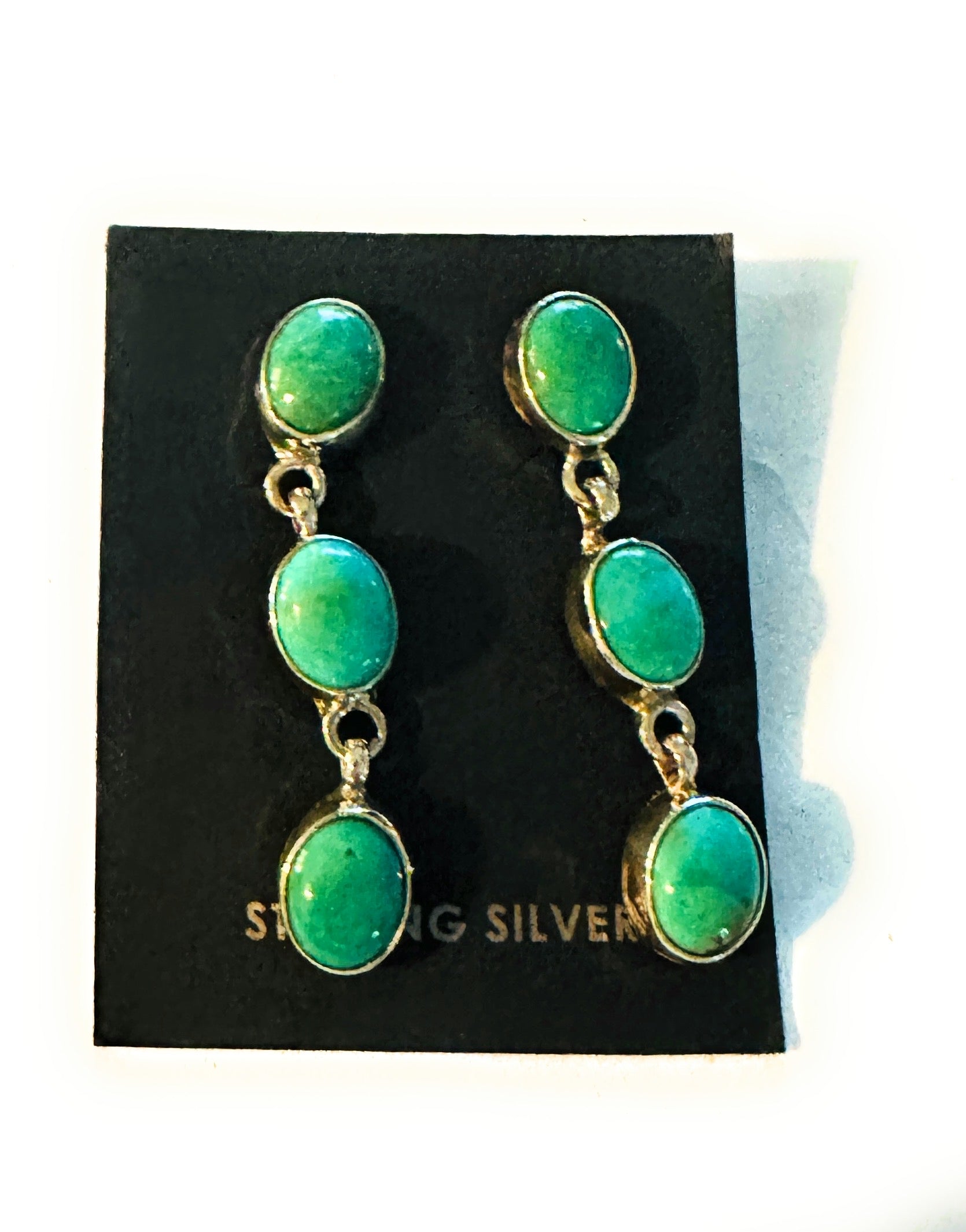 Navajo Turquoise and Sterling Silver Three Stone Dangle Earrings