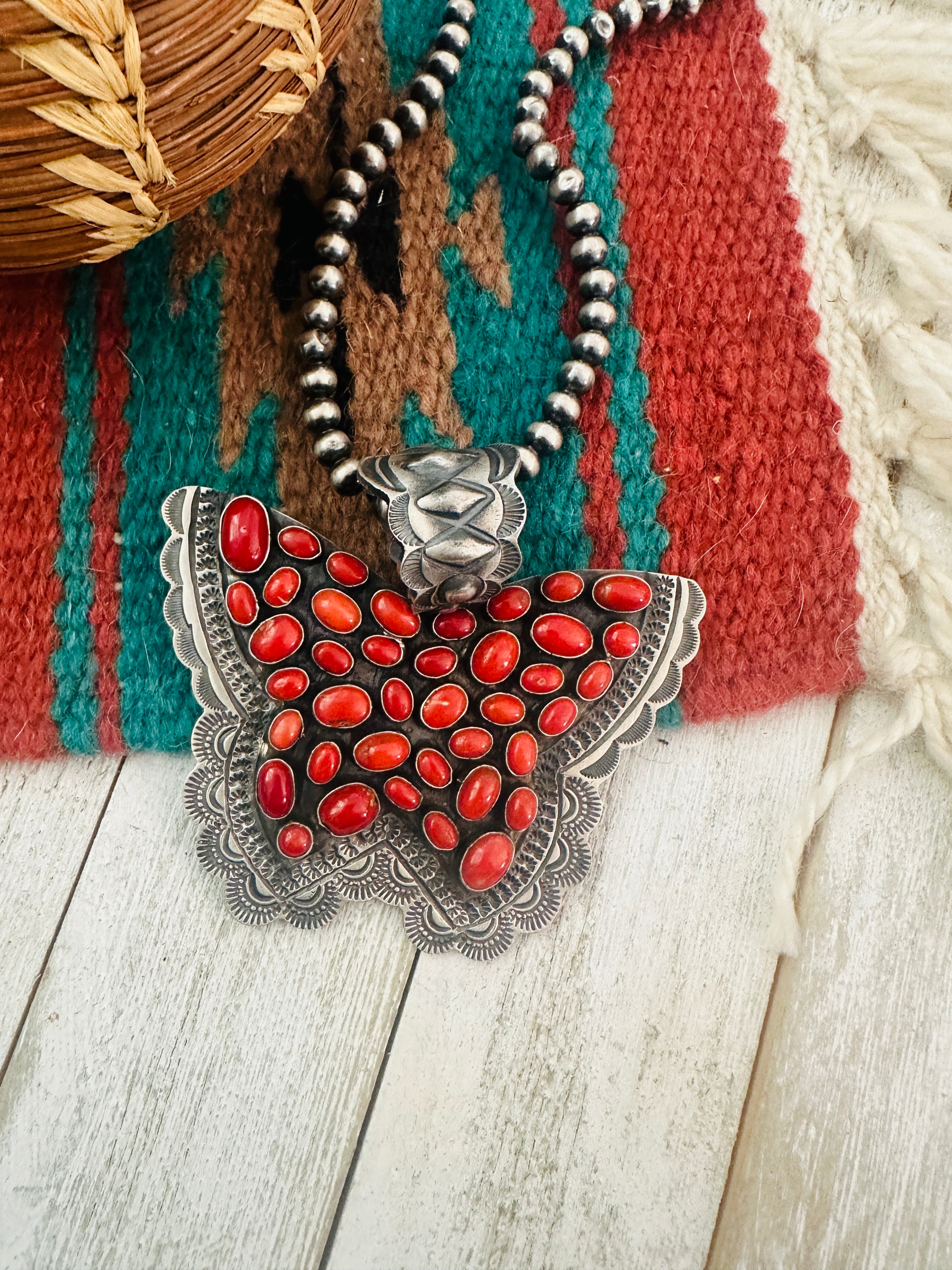 Navajo Sterling Silver & Coral Butterfly Pendant by Shawn Cayatineto