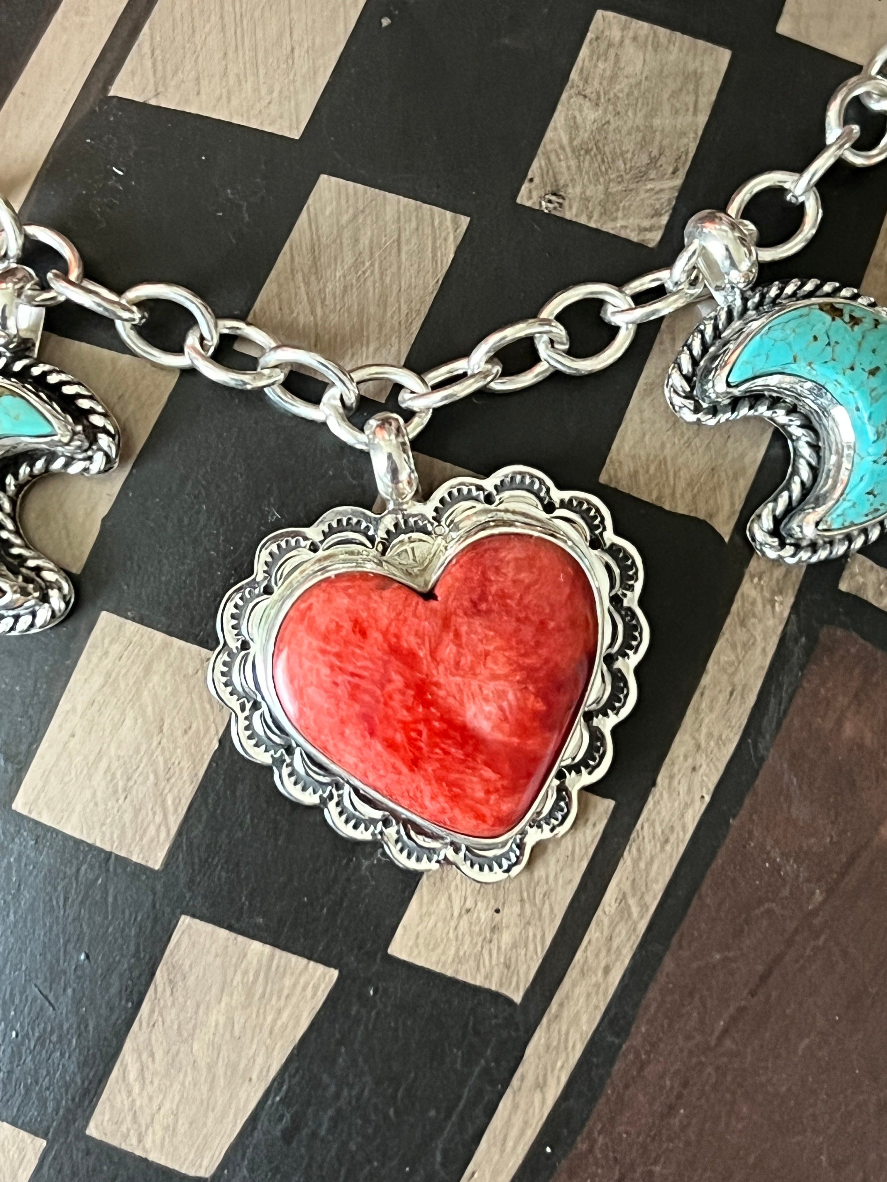Murphy Platero Handcrafted Sterling Silver, Turquoise and Spiny Oyster Heart Charm Bracelets