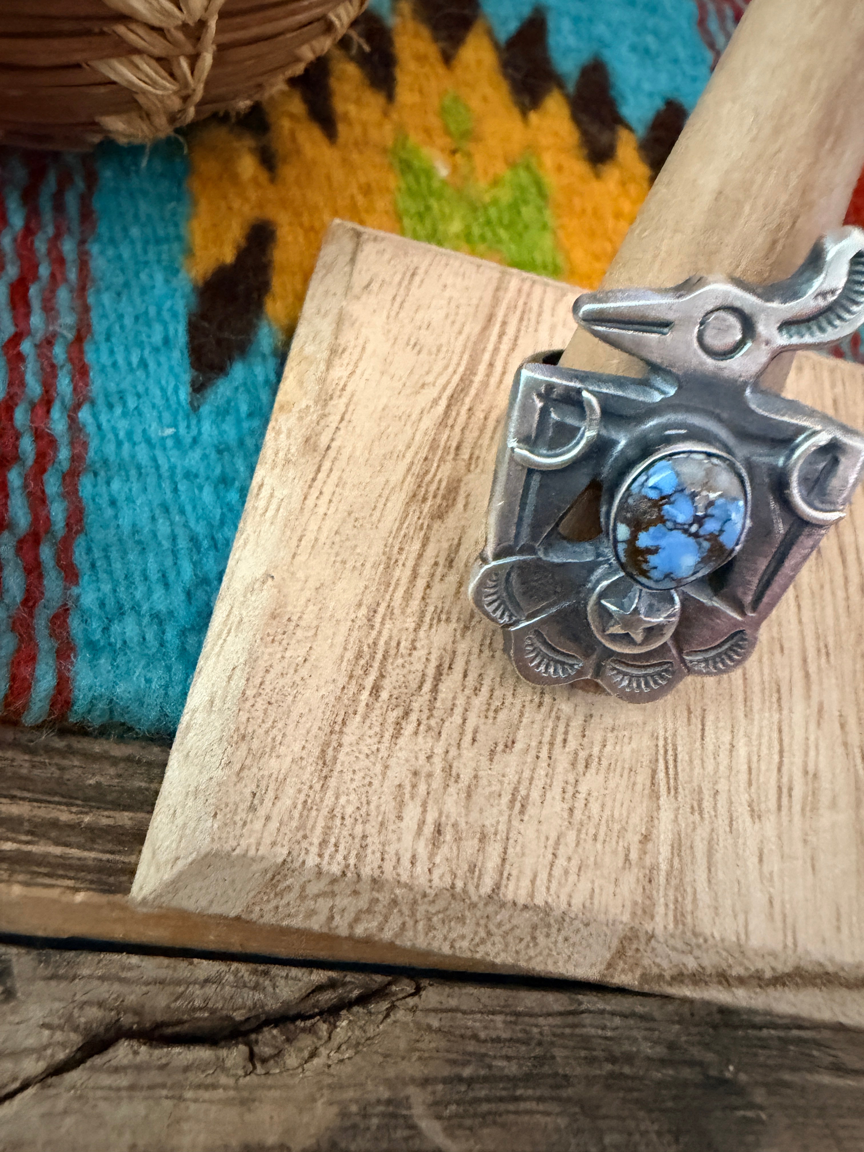 Handcrafted Golden Hills Turquoise and Sterling Silver Thunderbird Ring size 8.75 by Chimney Butte