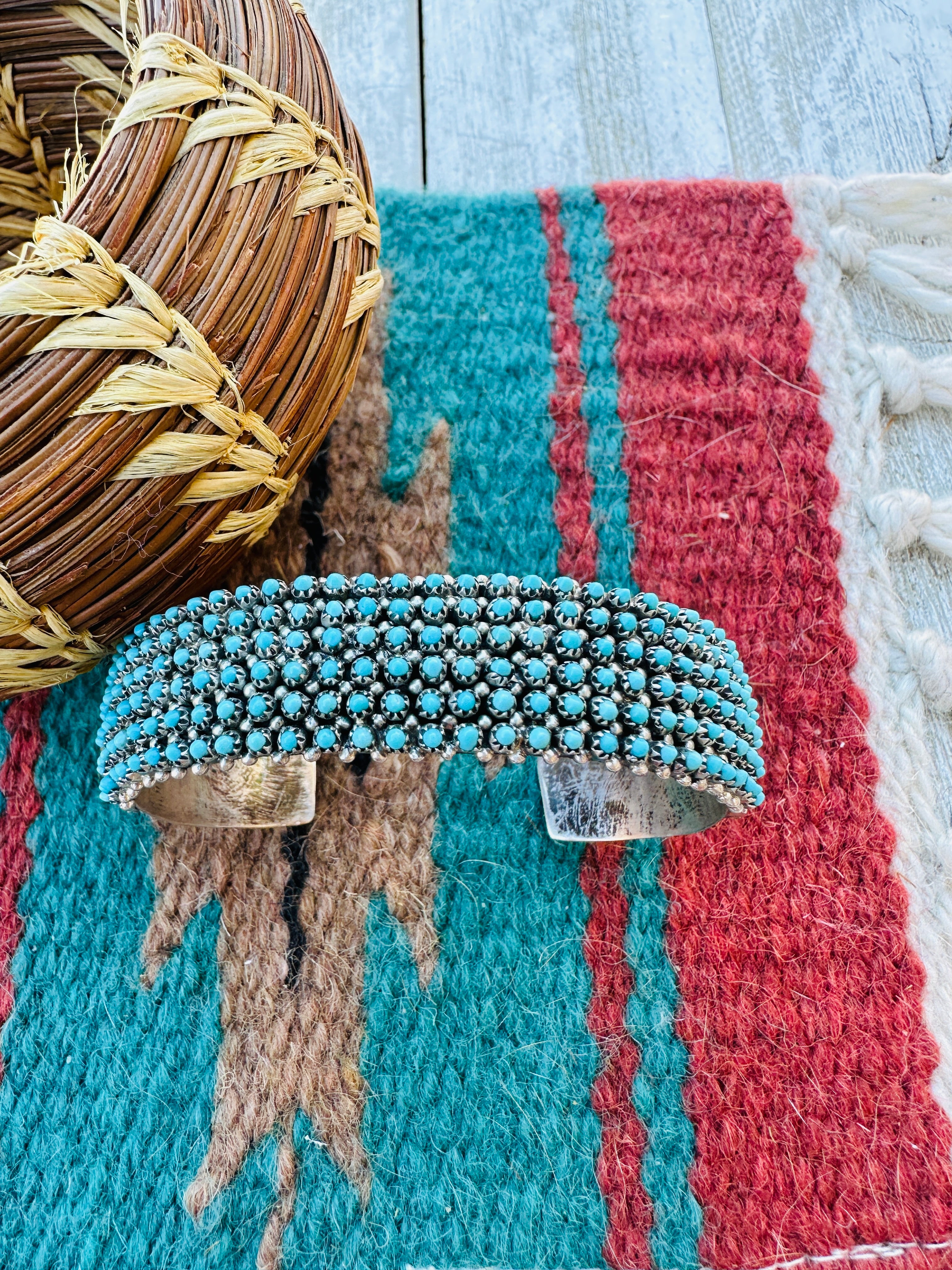 Handcrafted Old Pawn Sterling Silver & Kingman Turquoise Snake Eye Cuff Bracelet by Stephen Haloo