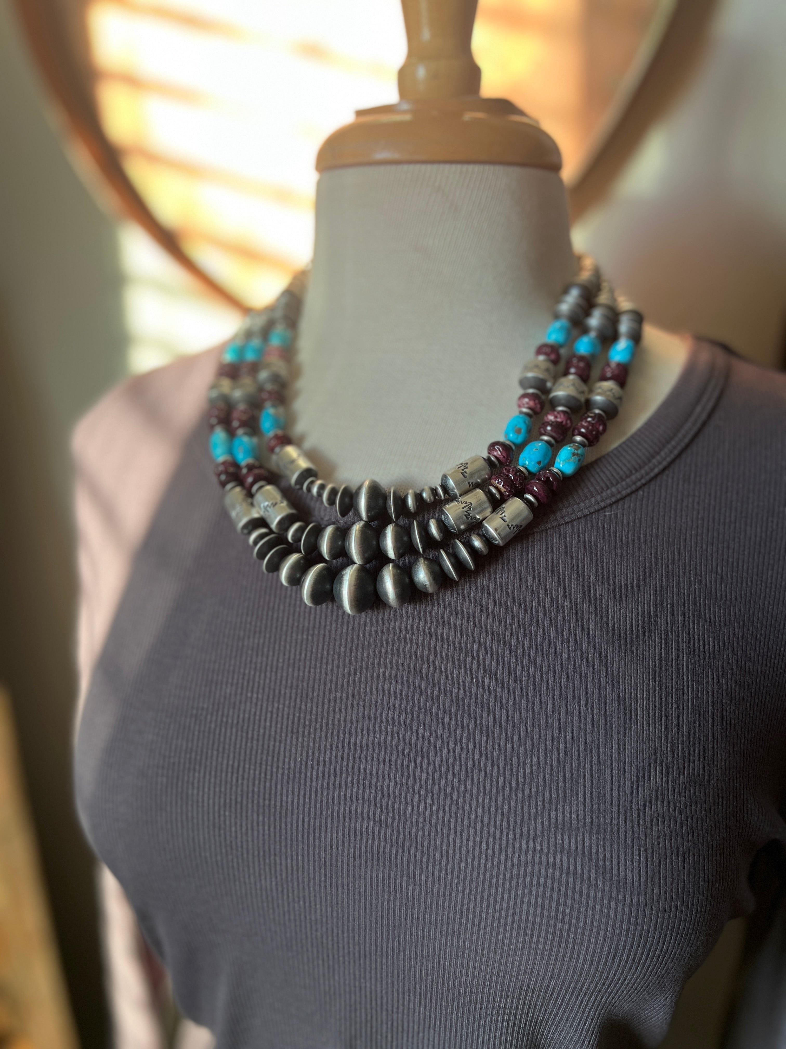 Rose Martin Handcrafted Triple Strand Sterling Silver, Spiny Oyster and Sonoran Mountain Bead Necklace