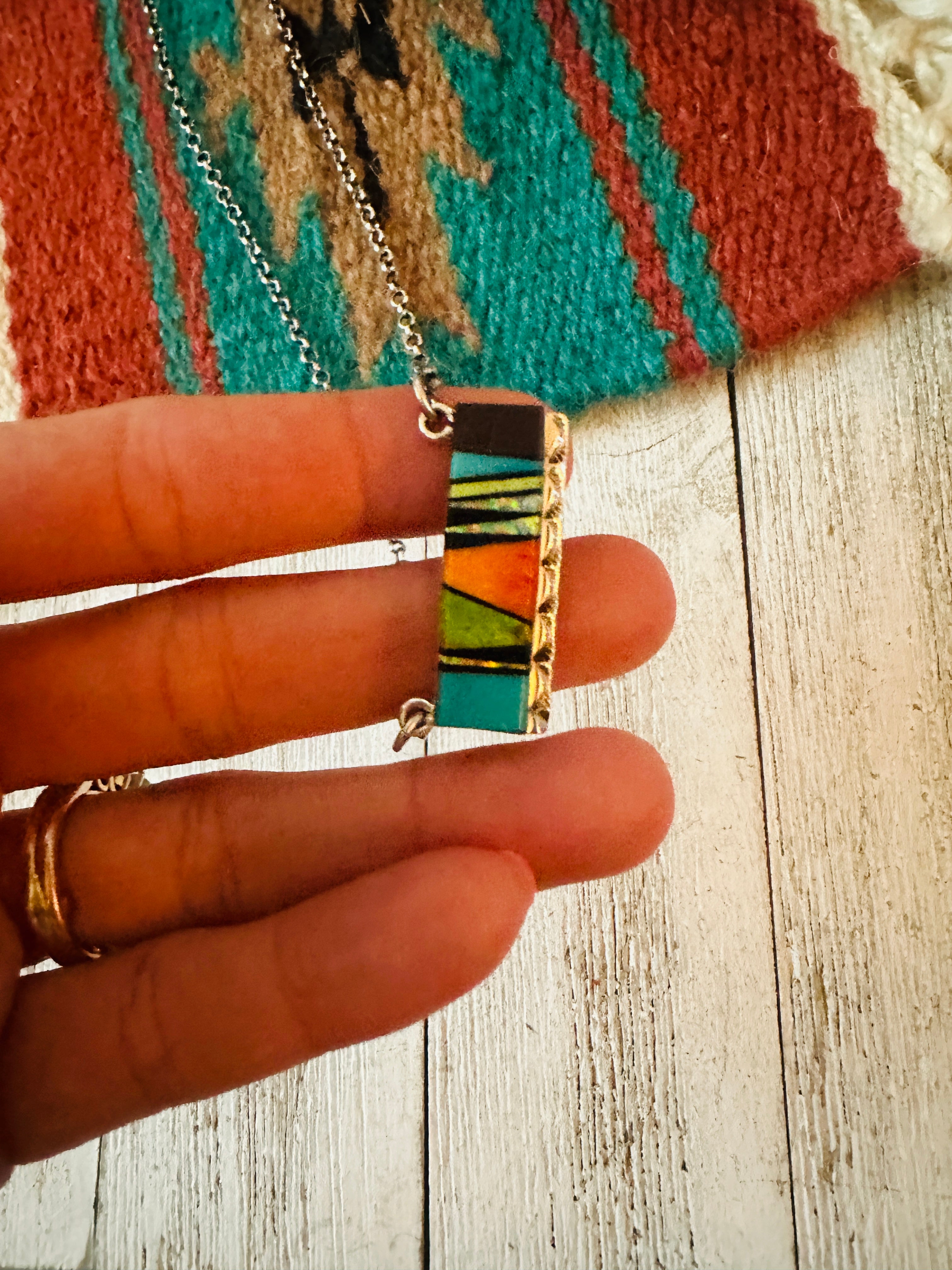 Navajo Multi Stone & Sterling Silver Inlay Bar Necklace