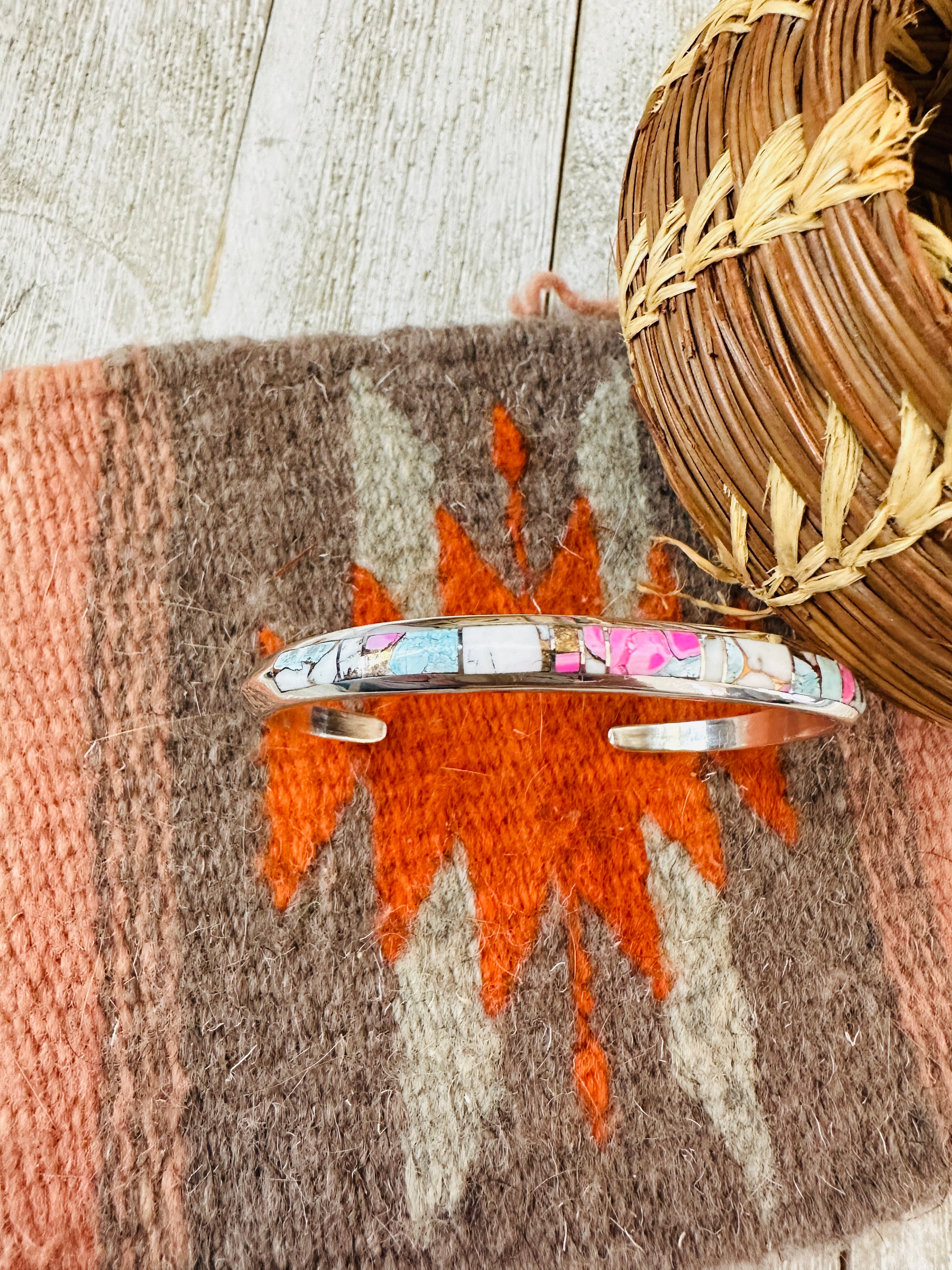 Handcrafted Cotton Candy & Sterling Silver Inlay Cuff Bracelet