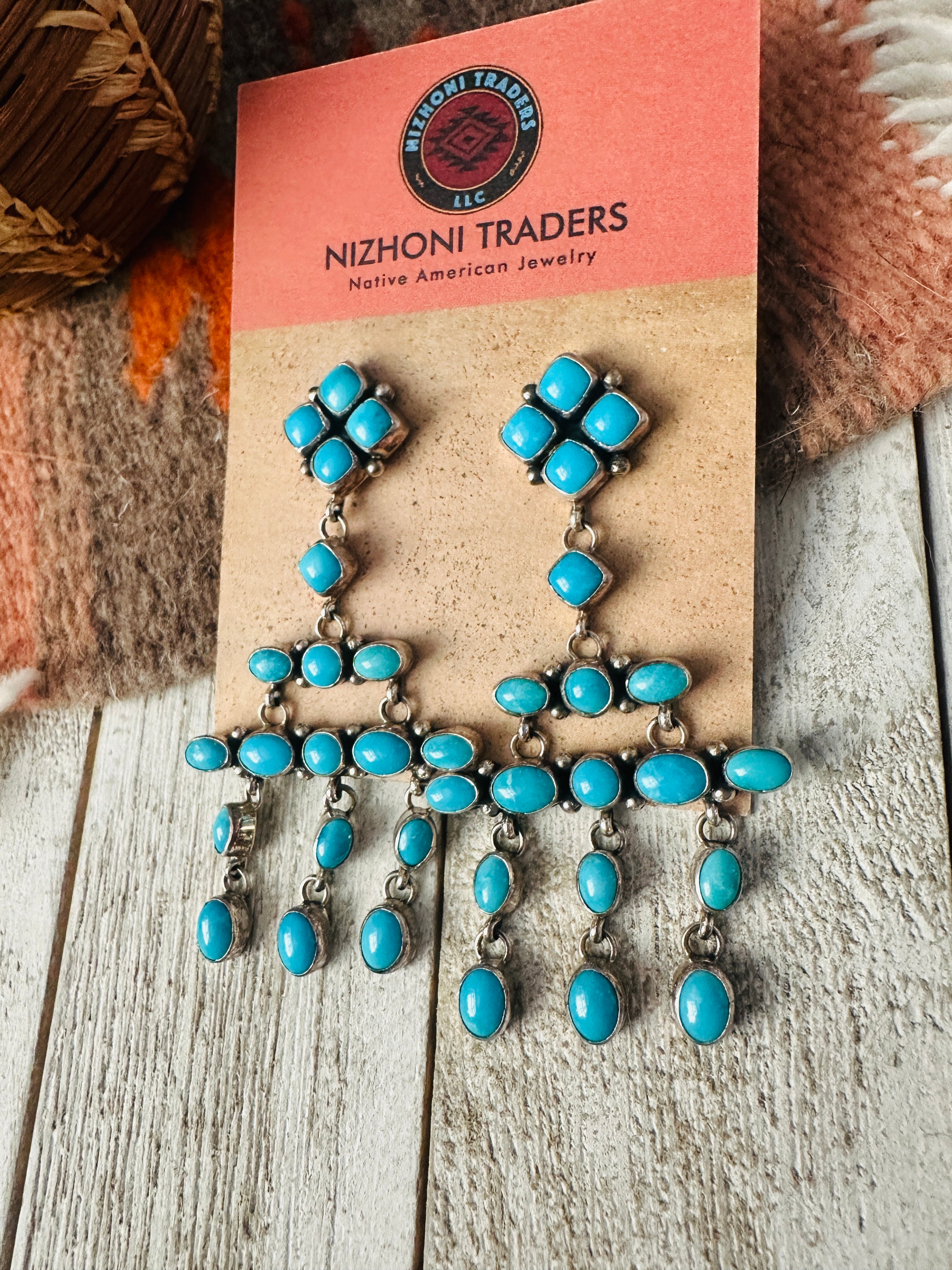 Navajo Sterling Silver & Turquoise Cluster Dangle Earrings