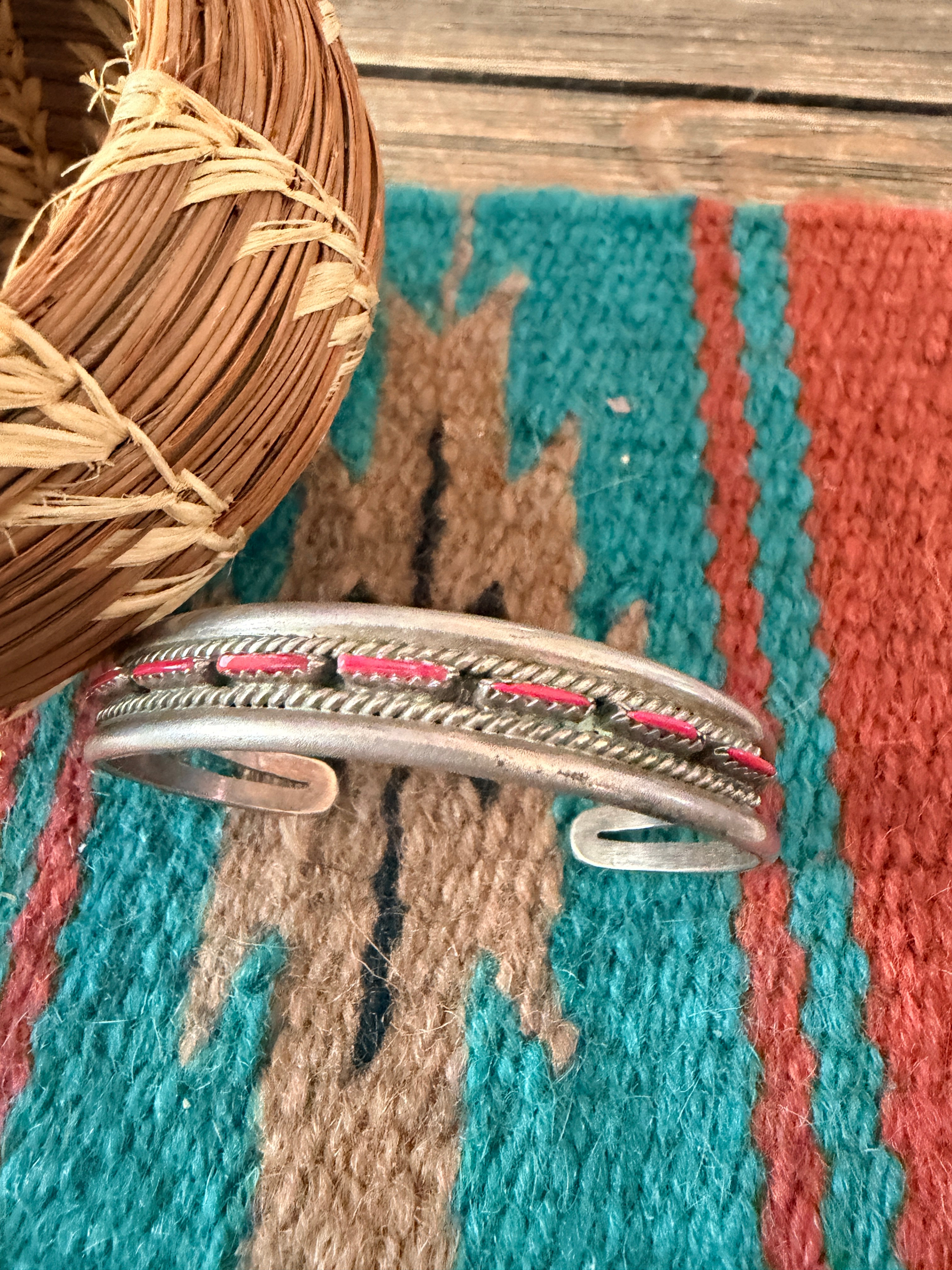 Handcrafted Old Pawn Sterling Silver & Coral Needlepoint Cuff Bracelet
